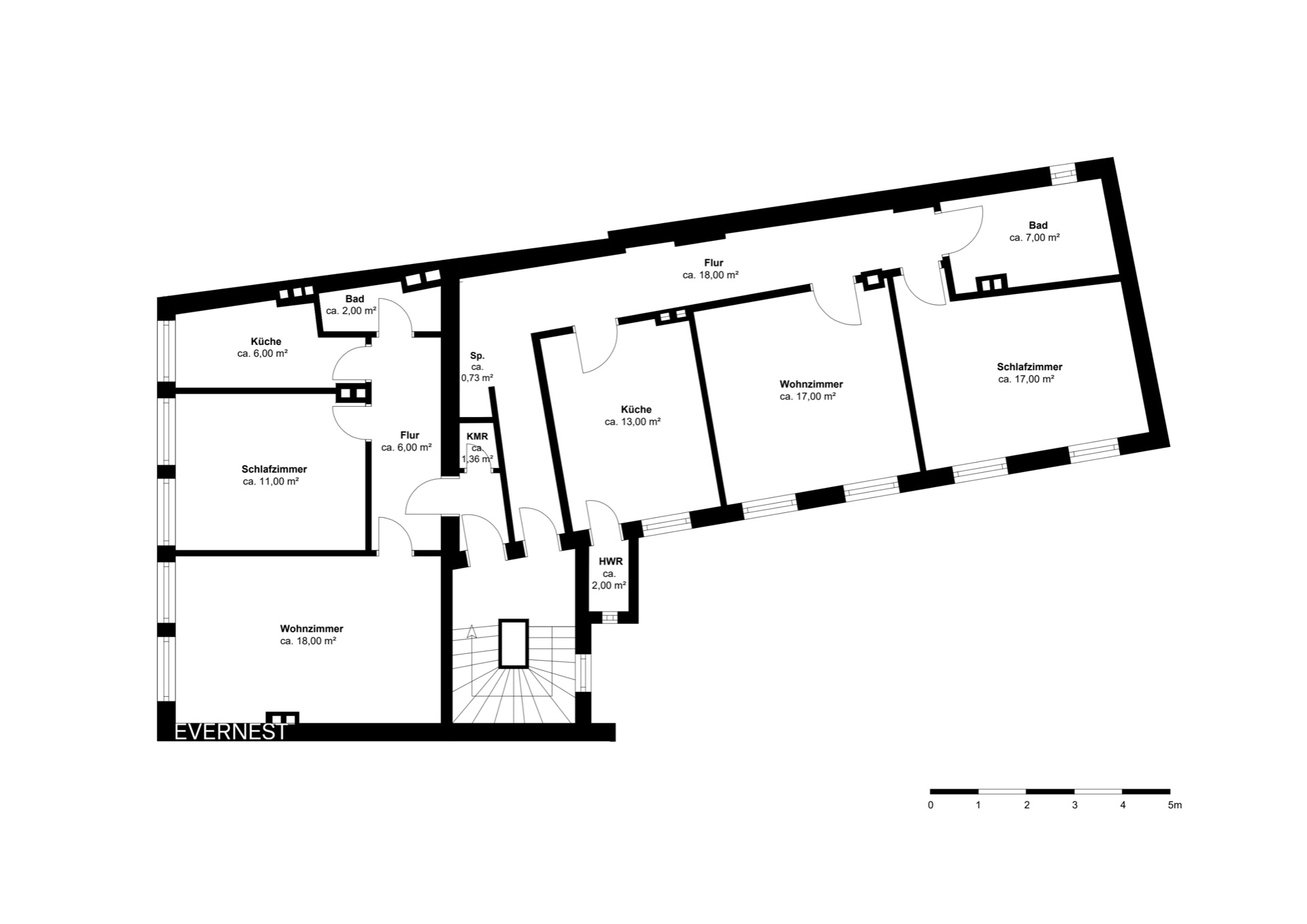 Grundriss einer Wohnung mit Wohnzimmern, Schlafzimmern, Küchen, Bädern und Fluren.