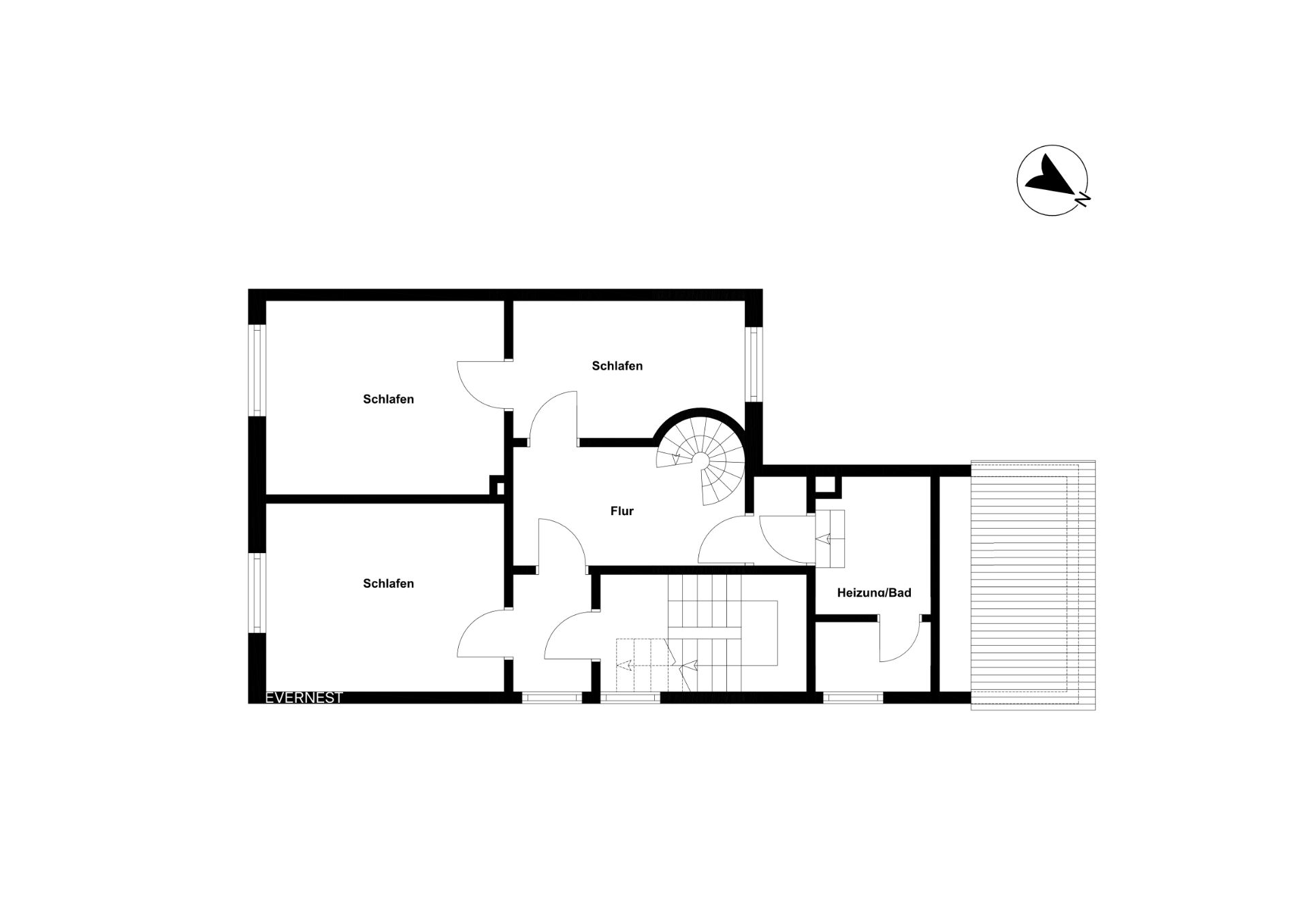 Grundriss mit drei Schlafzimmern, Flur, Heizungsraum/Bad und Treppe.