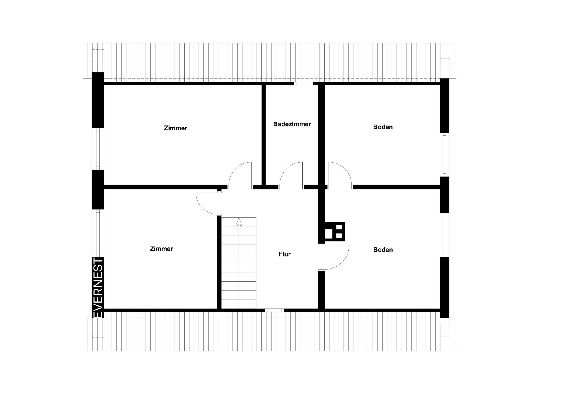Grundriss mit zwei Zimmern, Badezimmer, Flur und zwei Bodenräumen.