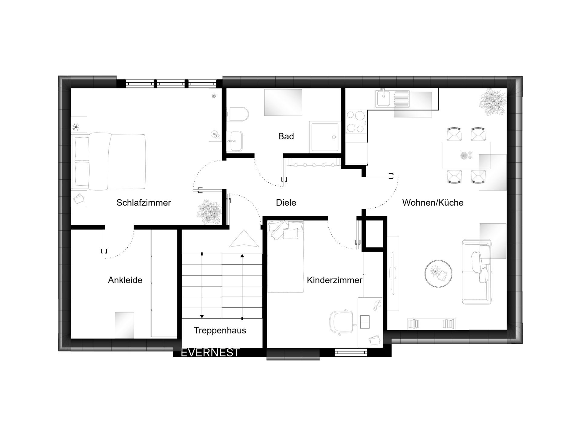 Grundriss einer Wohnung mit Schlafzimmer, Ankleide, Kinderzimmer, Bad, Diele und Wohnküche.