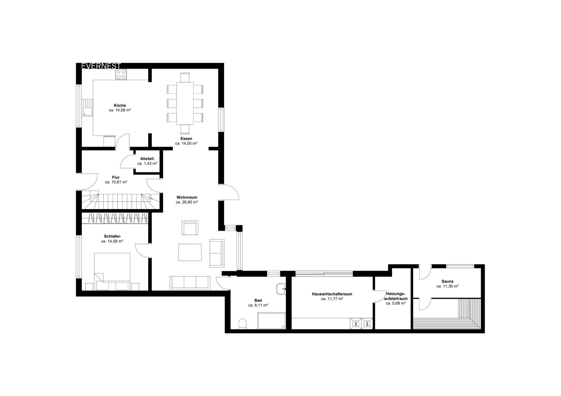 Grundriss einer Wohnung mit Küche, Esszimmer, Wohnzimmer, Schlafzimmer, Bad und mehreren Nebenräumen.