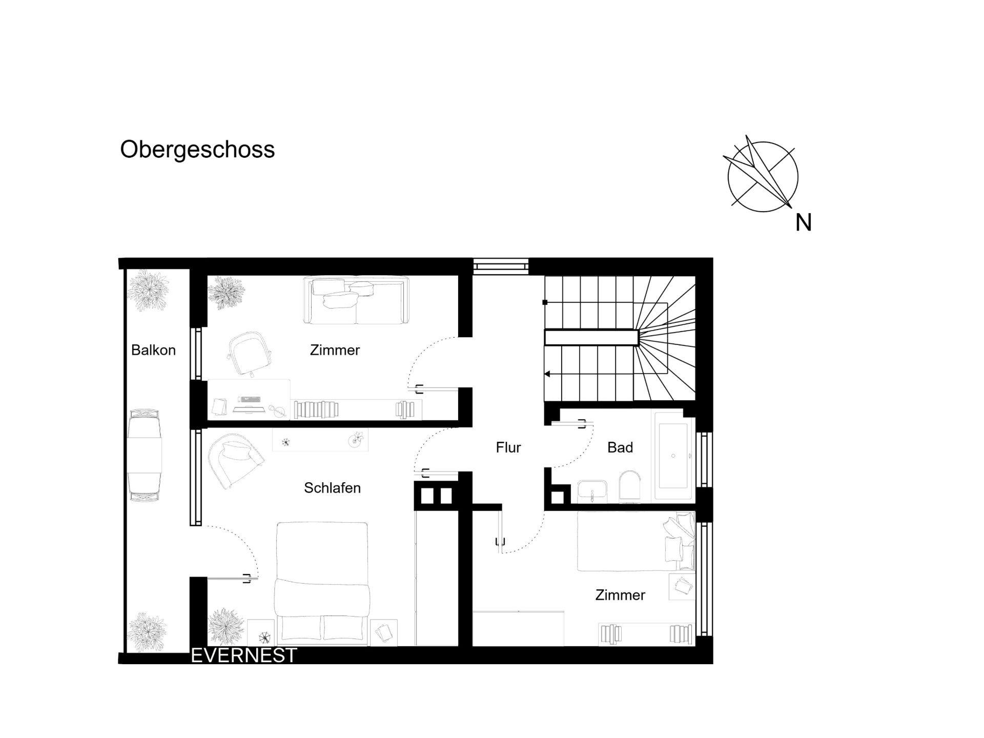Grundriss vom Obergeschoss mit zwei Zimmern, einem Bad, einem Schlafzimmer, Flur und Balkon.