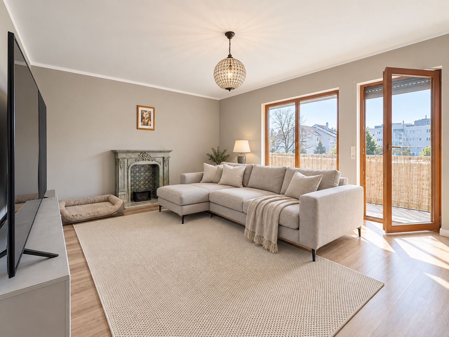Helles Wohnzimmer mit Ecksofa, Teppich, Kamin, TV und Zugang zum Balkon.
