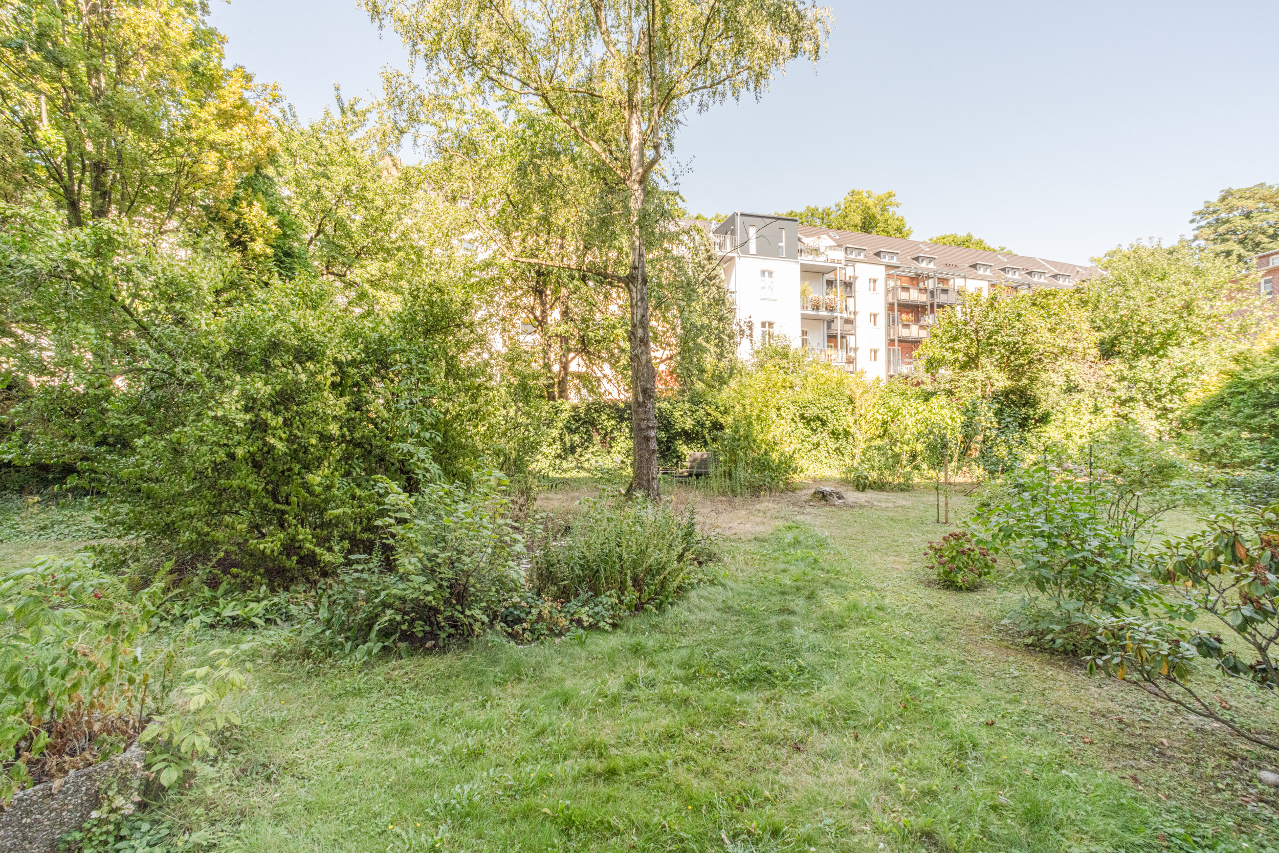 Grüner Garten mit Bäumen und Sträuchern, im Hintergrund ein Mehrfamilienhaus.