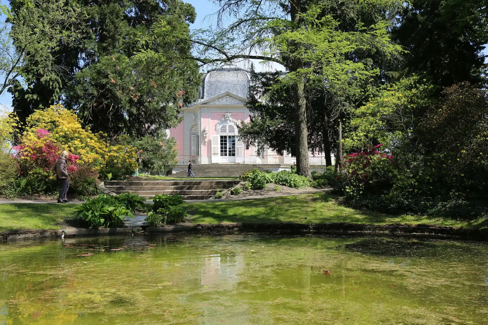 Ein kleiner Teich vor einem rosa Gebäude, umgeben von Bäumen und blühenden Sträuchern.