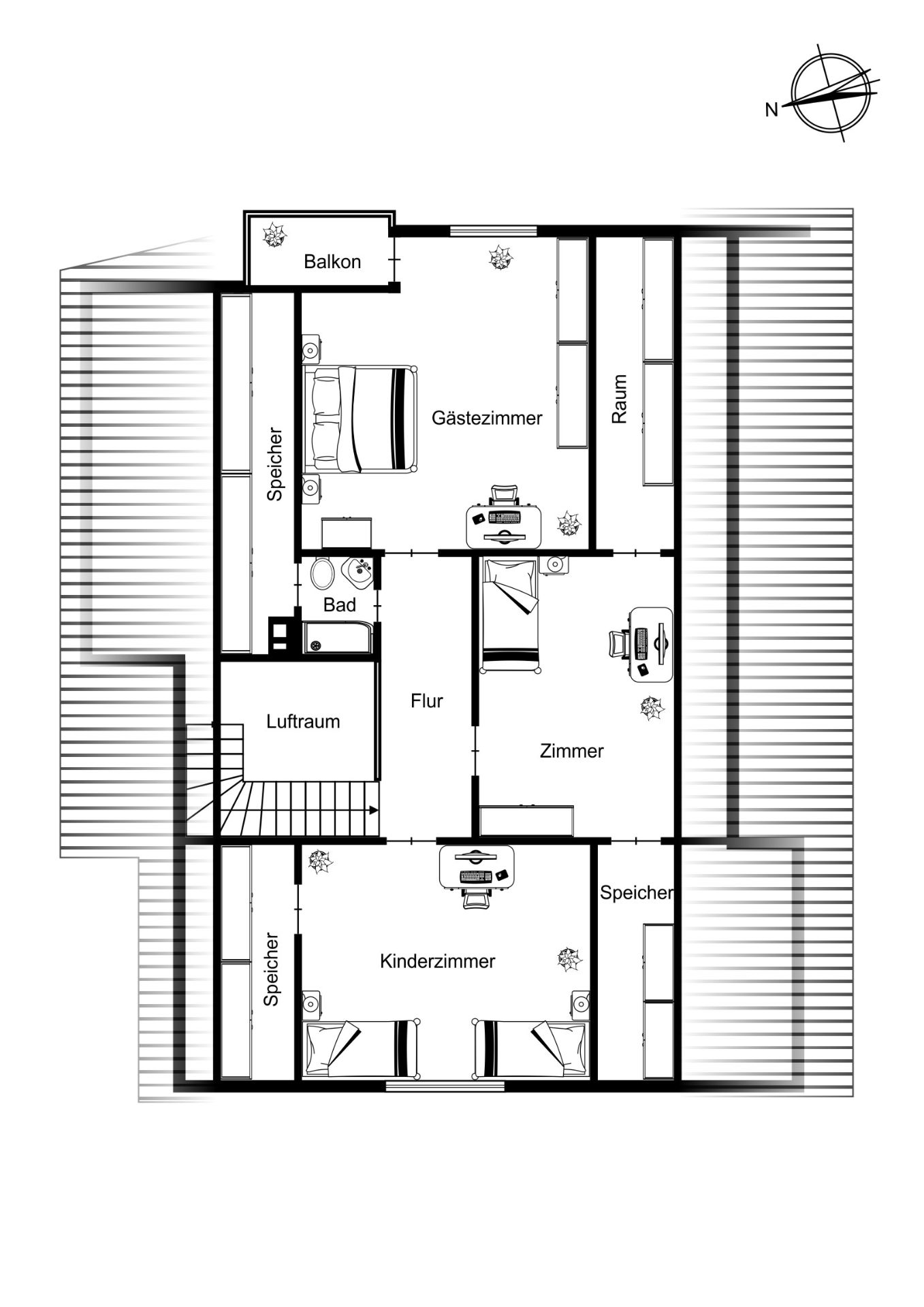 Grundriss mit Gästezimmer, Kinderzimmer, Bad, Flur, Zimmer, Balkon und Speichern.