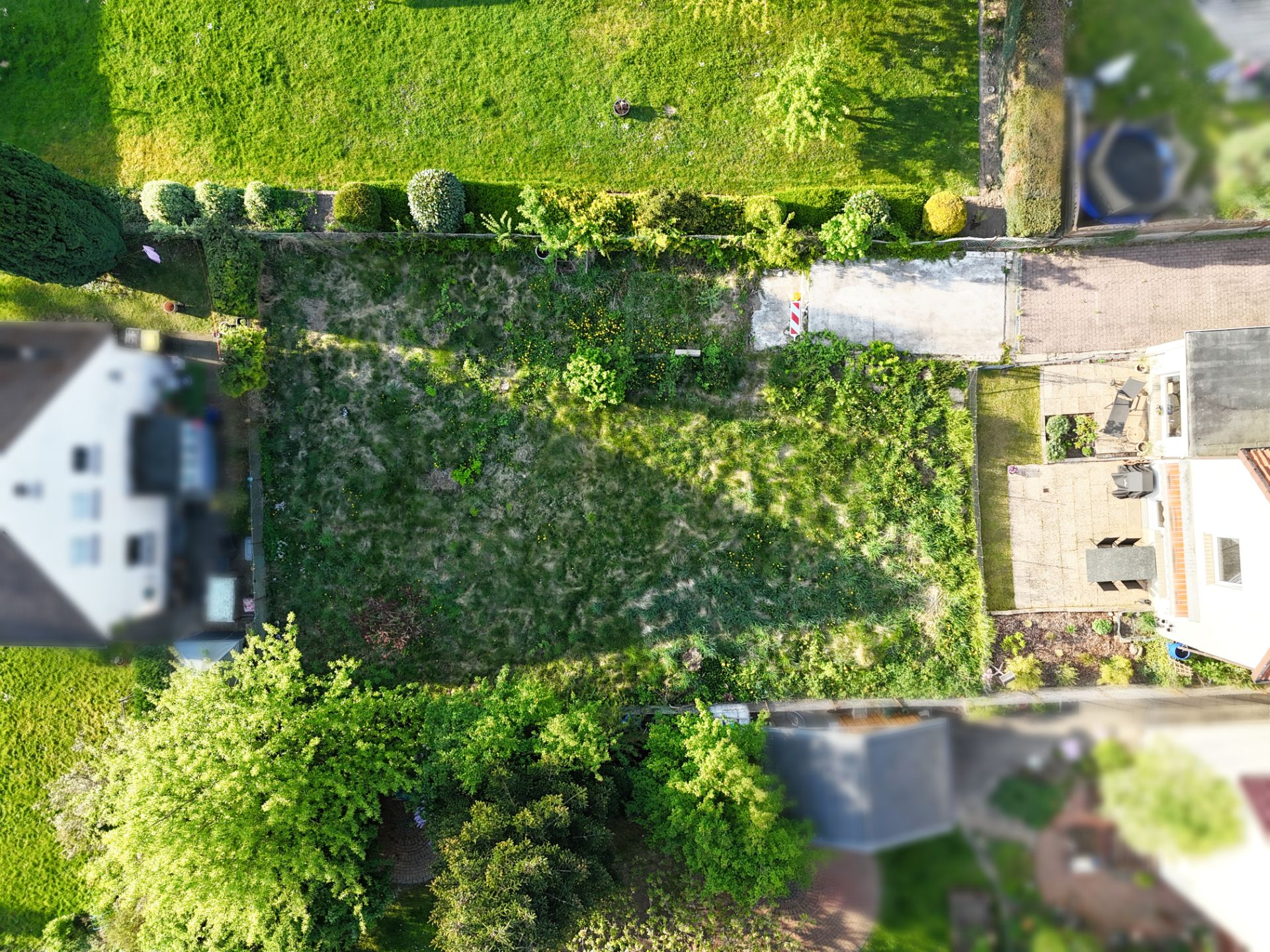 Luftaufnahme von einem rechteckigen Garten mit Wiese, Hecken und Terrasse.