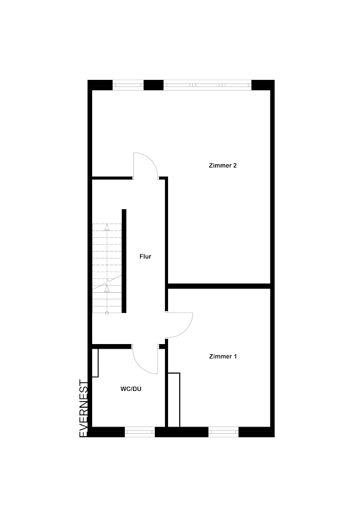 Grundriss mit zwei Zimmern, Flur und WC/DU.