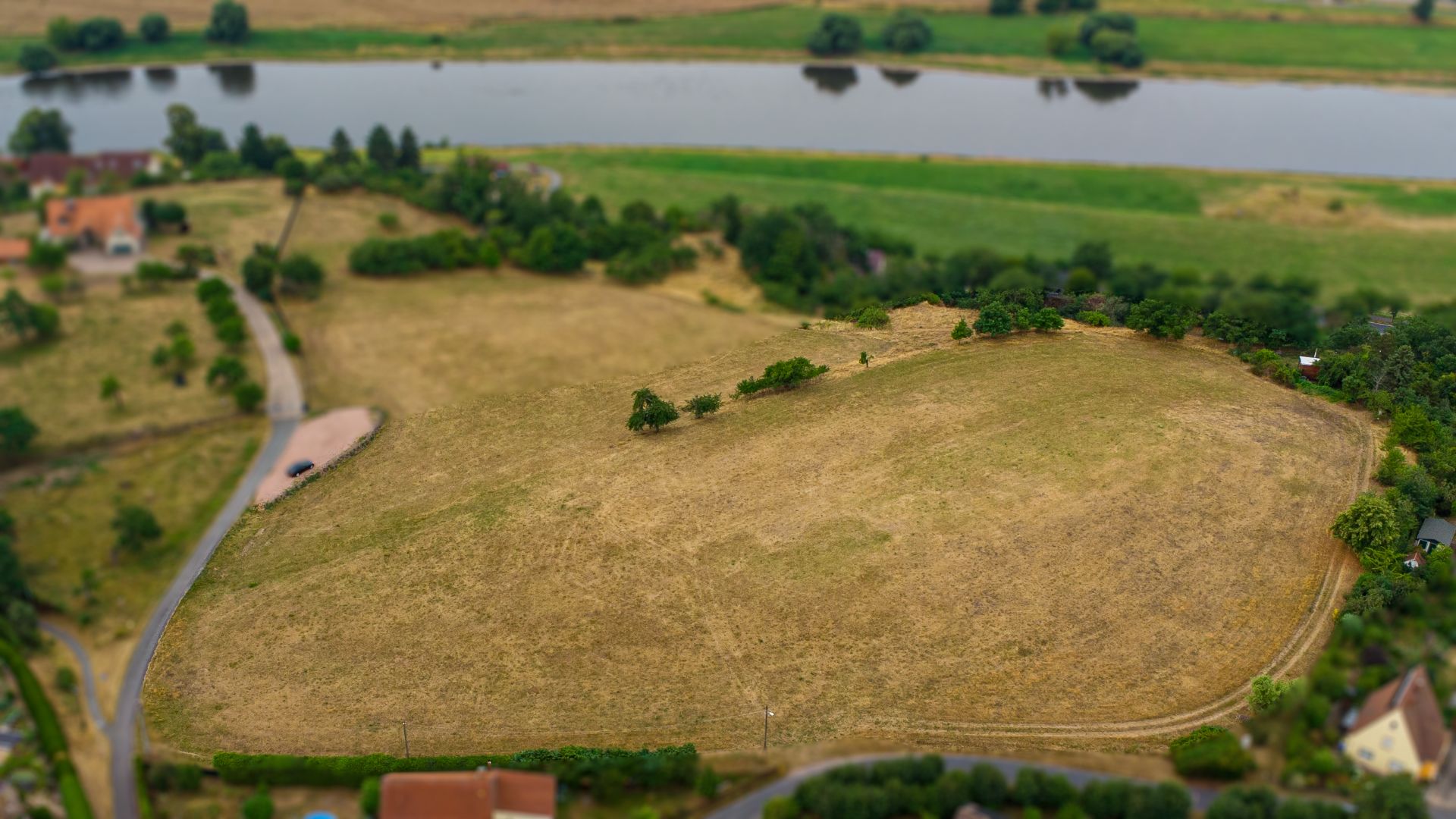 Luftaufnahme eines großen, offenen Feldes mit wenigen Bäumen und einem Fluss im Hintergrund.