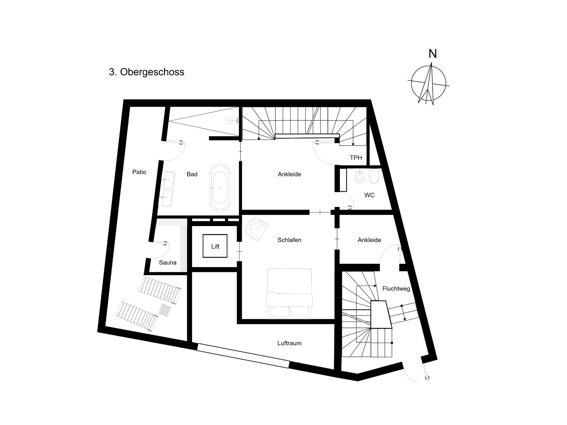 Grundriss des dritten Obergeschosses mit Schlafzimmer, Bad, Sauna, und Patio.