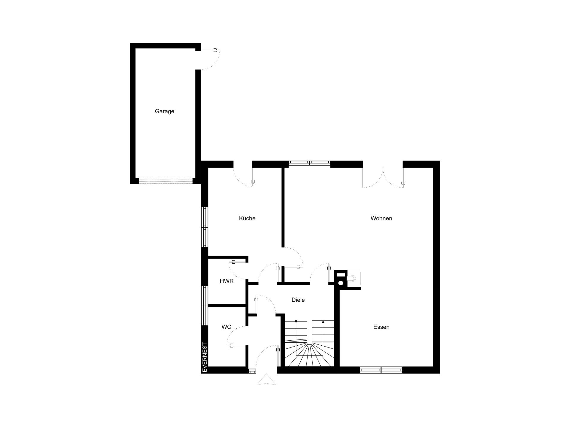 Grundriss mit Garage, Küche, Wohnen, Essen, WC, HWR und Diele.