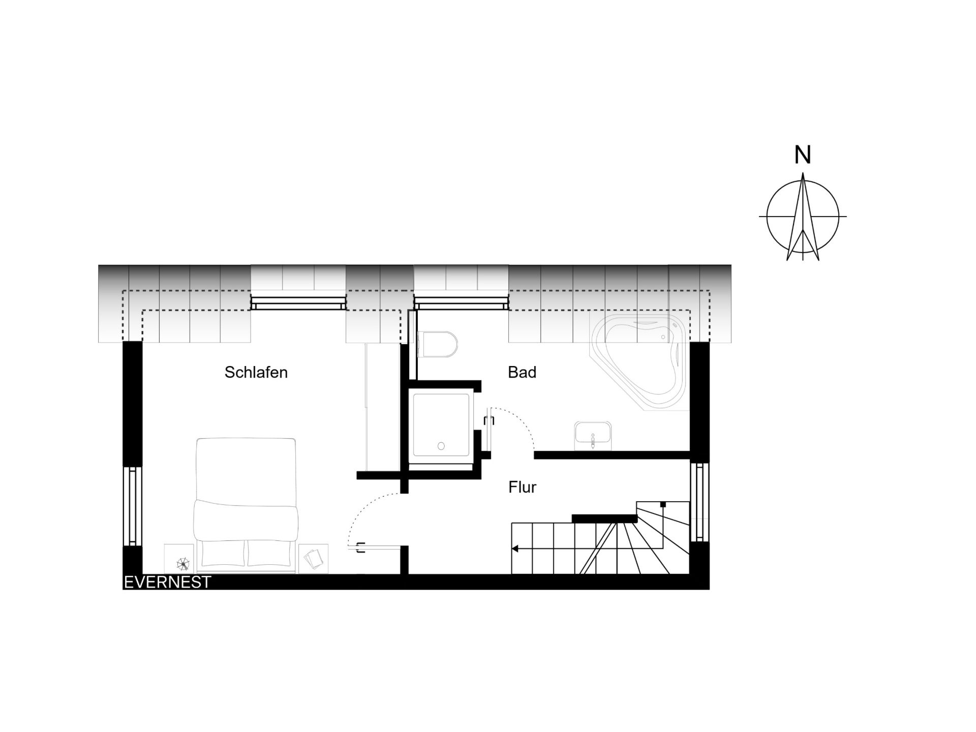 Grundriss mit Schlafzimmer, Bad, Flur und Treppe.