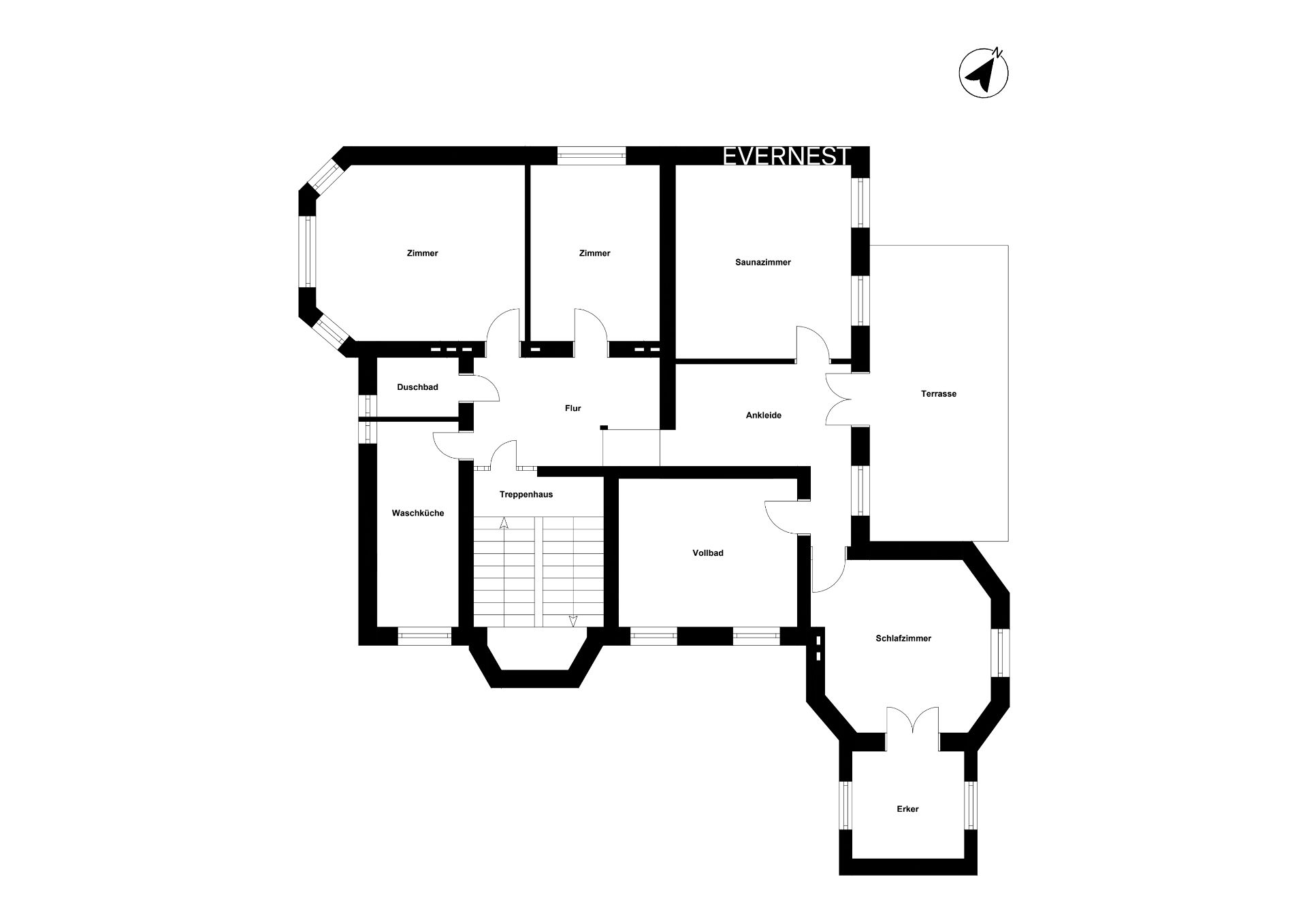 Grundriss eines Wohnhauses mit mehreren Zimmern, Flur, Terrasse und Treppenhaus.