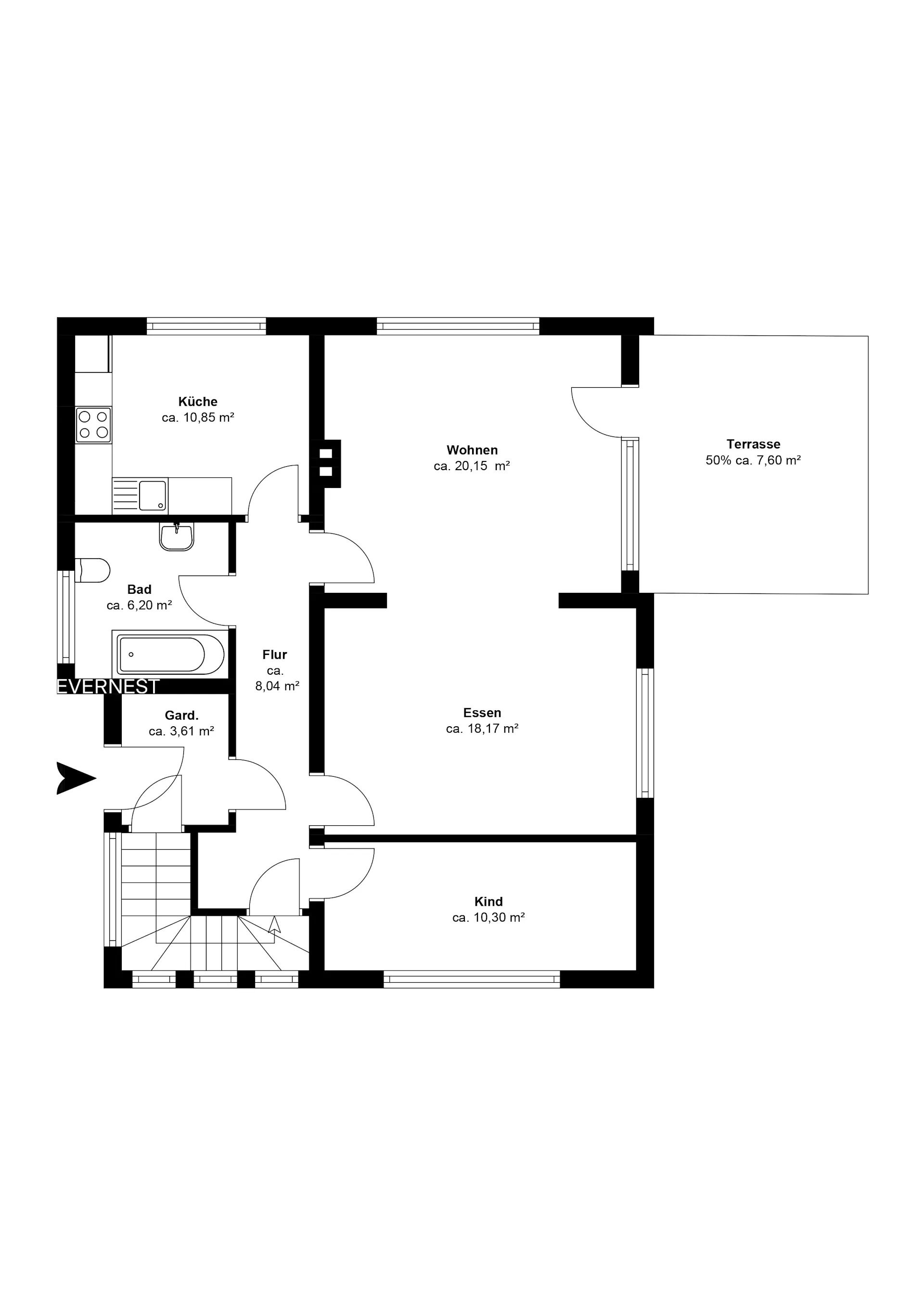 Grundriss einer Wohnung mit Küche, Bad, Flur, Wohnzimmer, Esszimmer, Kindzimmer, Garderobe und Terrasse.