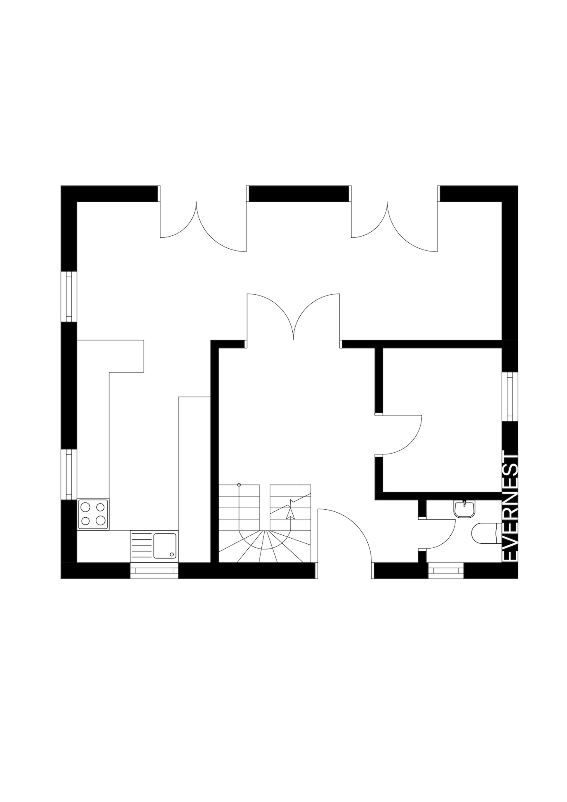 Grundriss einer Wohnung mit Küche, Wohnzimmer, Bad und Treppe.