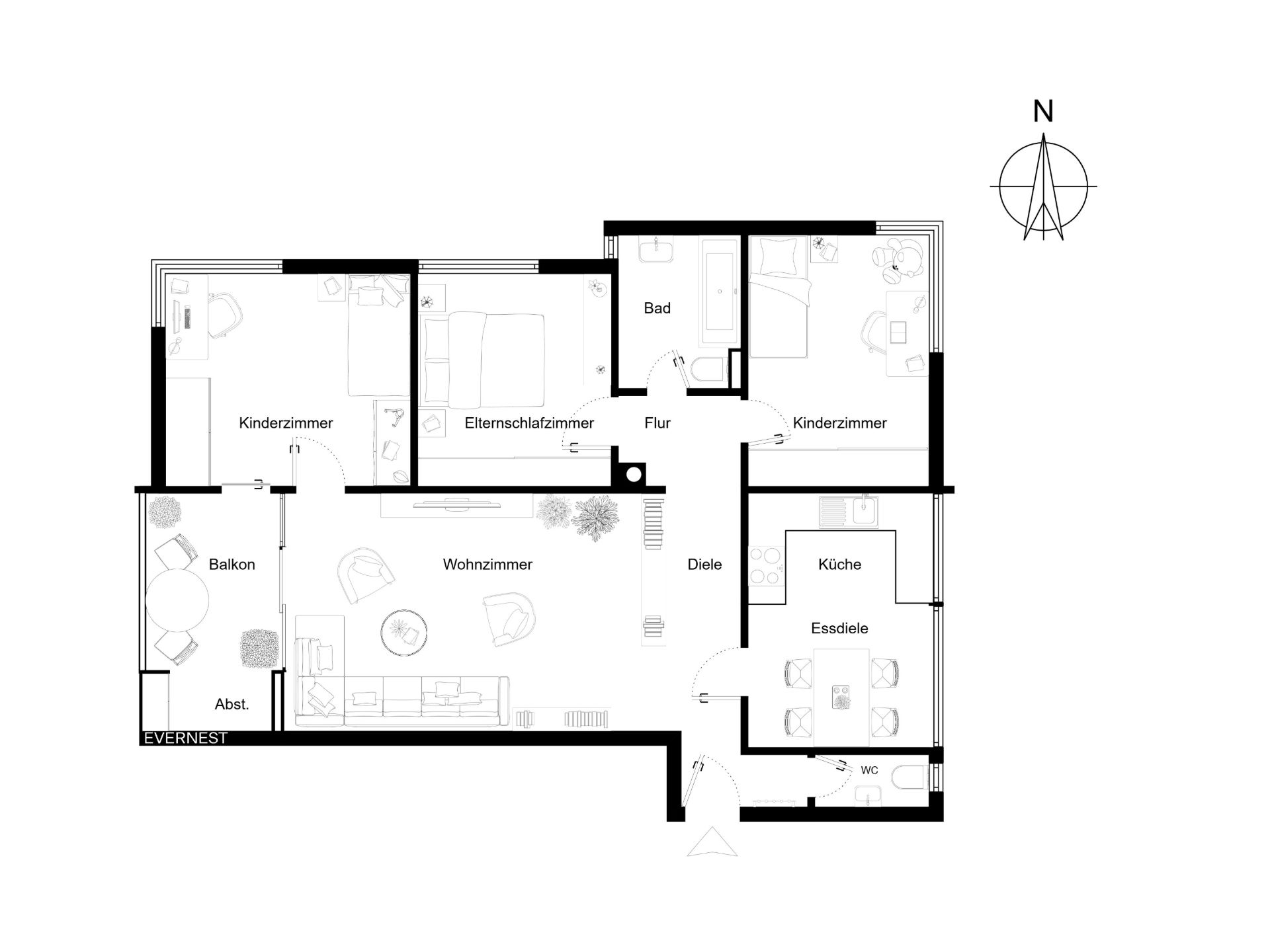Grundriss einer Wohnung mit Wohnzimmer, Küche, Bad, drei Schlafzimmern und Balkon.