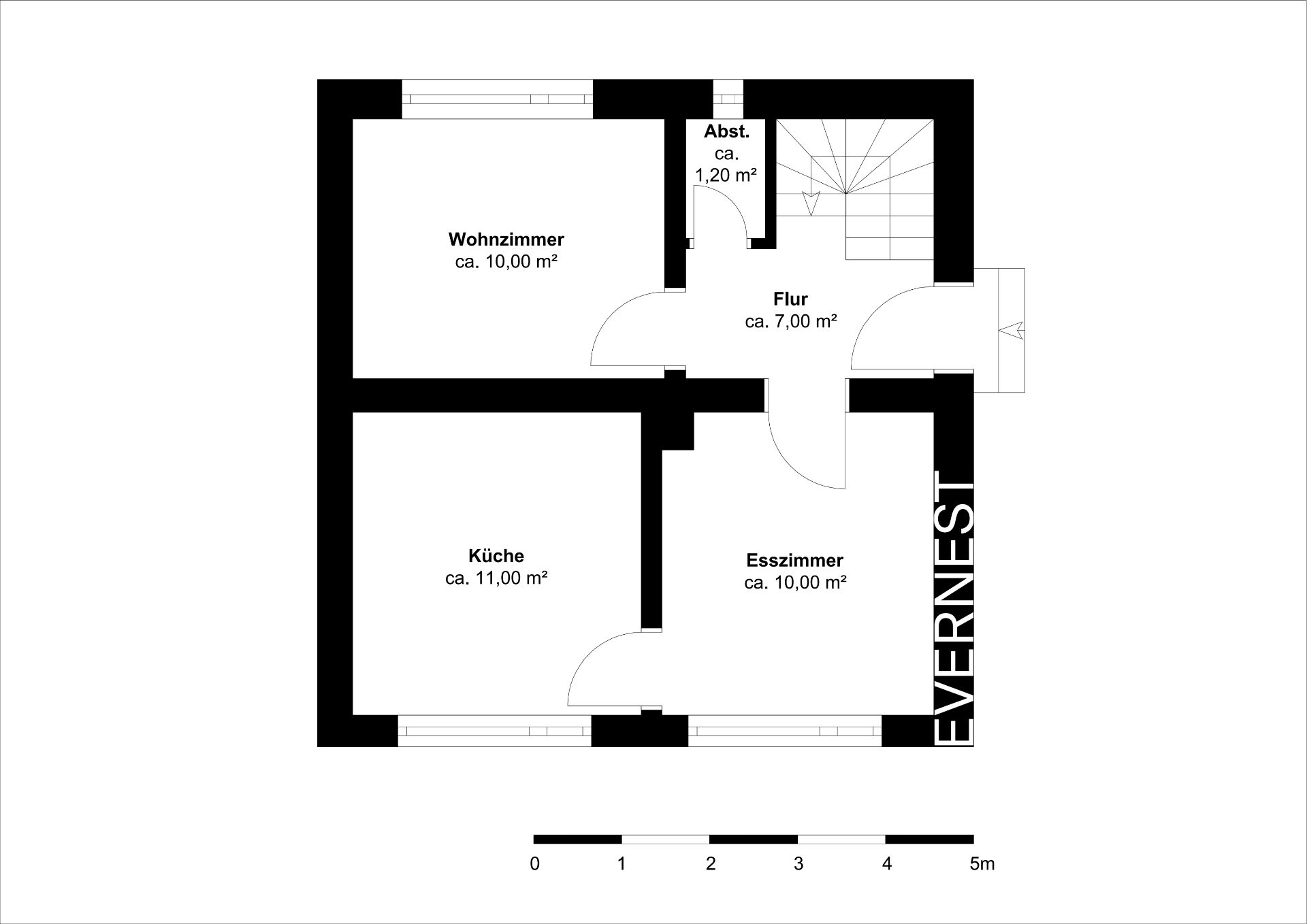 Grundriss mit Wohnzimmer, Küche, Esszimmer, Flur und Abstellraum, alle mit Flächenangaben.