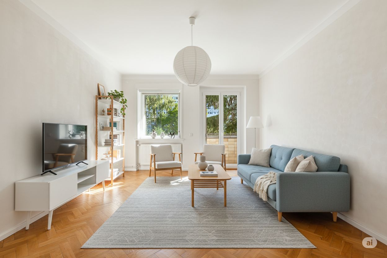 Helles Wohnzimmer mit blauem Sofa, Fernseher, Regalen und großem Fenster zur Terrasse.