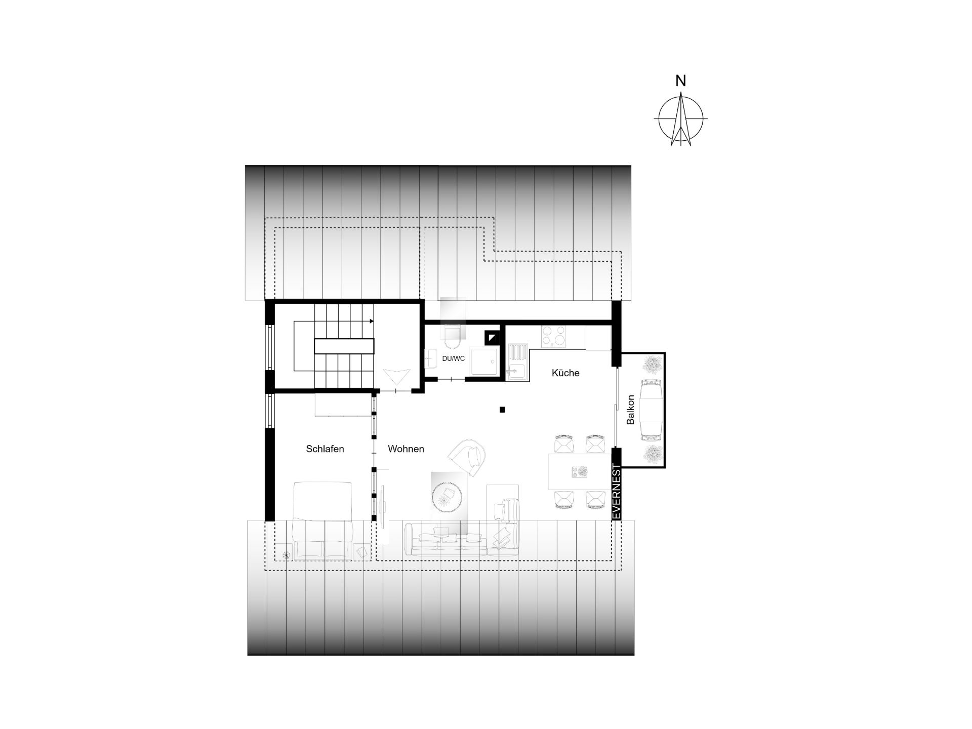 Wohnungsgrundriss mit Schlafzimmer, Wohnzimmer, Küche, Bad und Balkon.