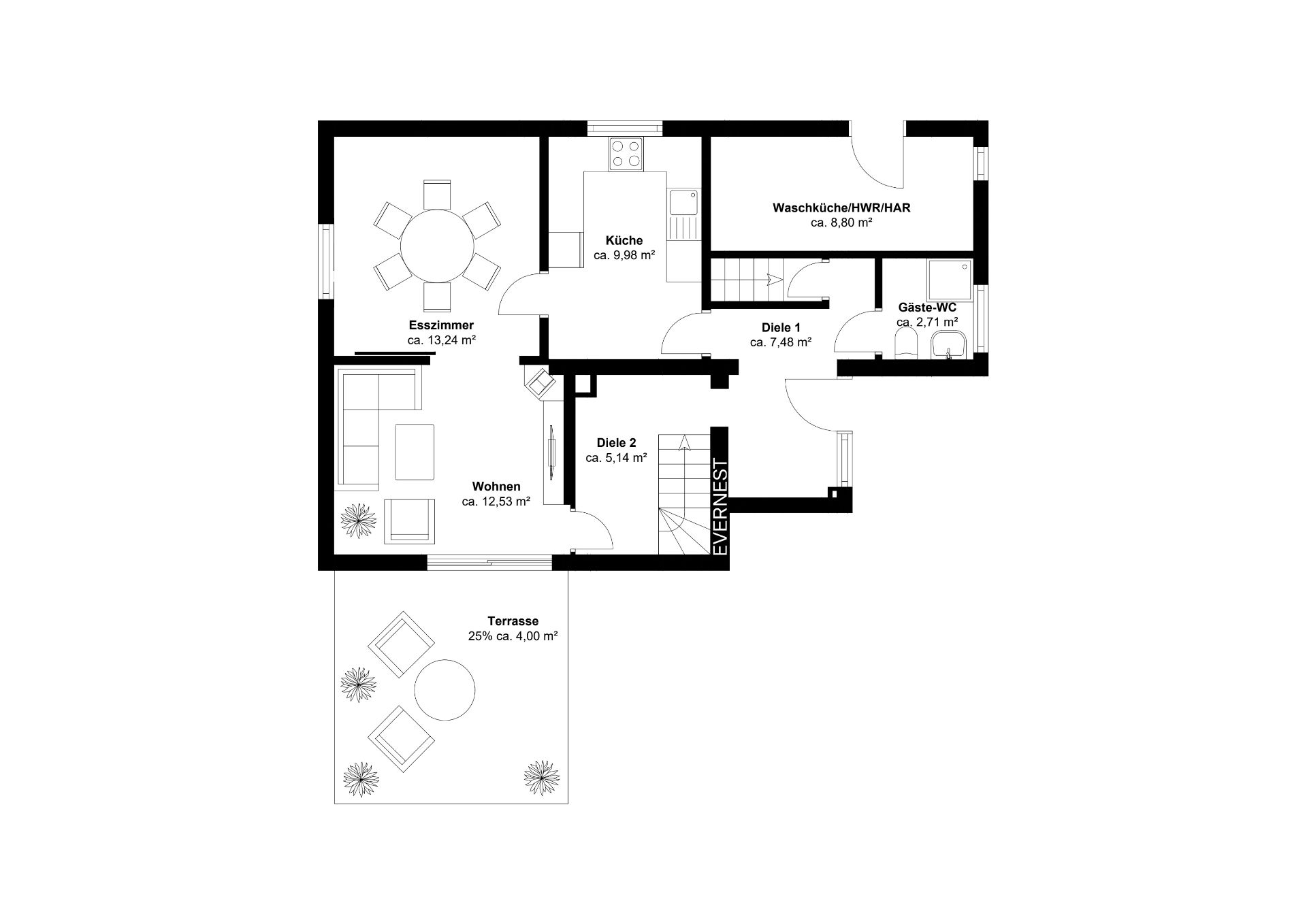 Grundriss einer Wohnung mit Wohnzimmer, Esszimmer, Küche, Terrasse, Bad und weiteren Räumen.
