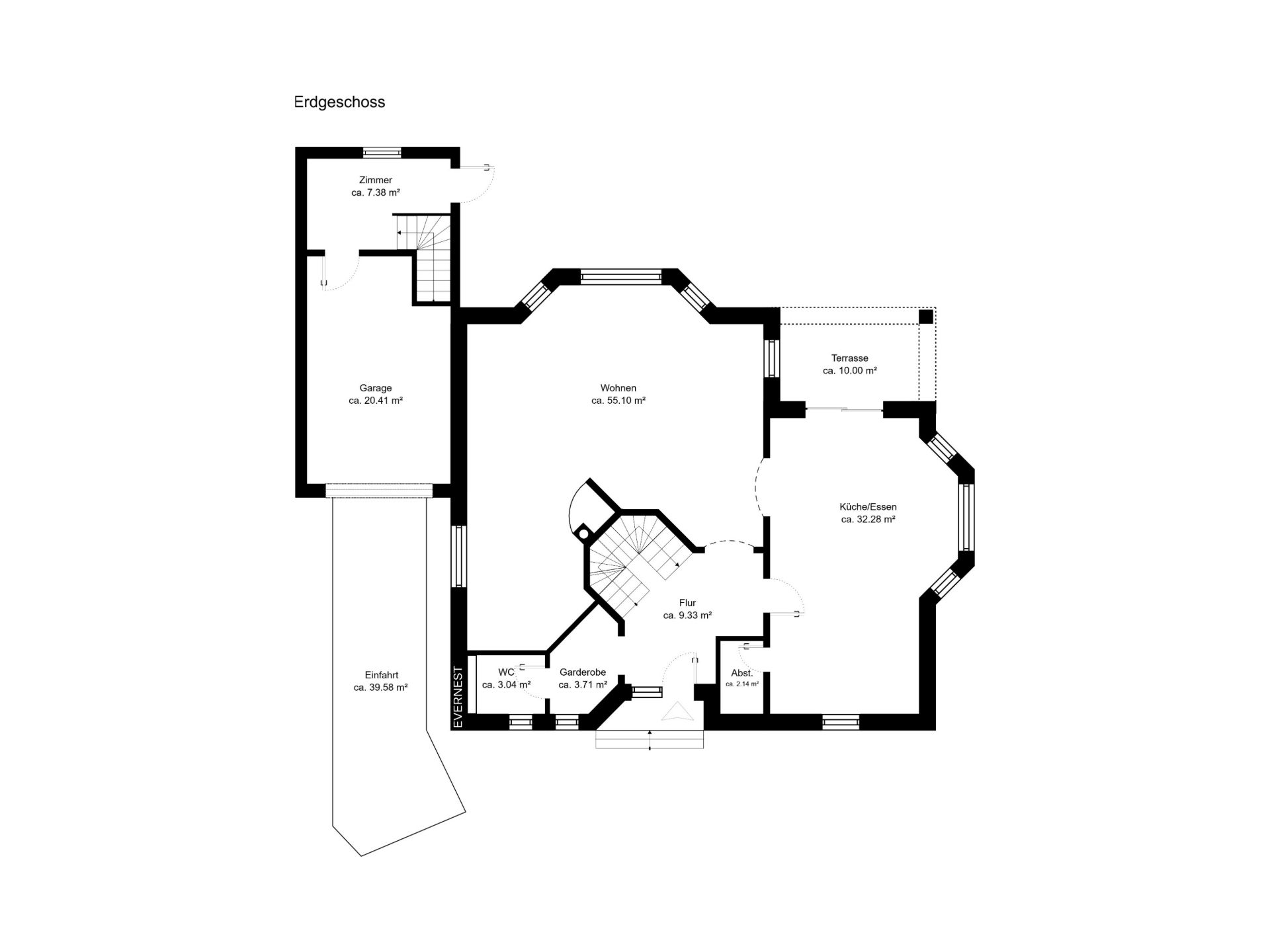 Grundriss des Erdgeschosses mit Garage, Wohnzimmer, Küche, Terrasse und Flur.