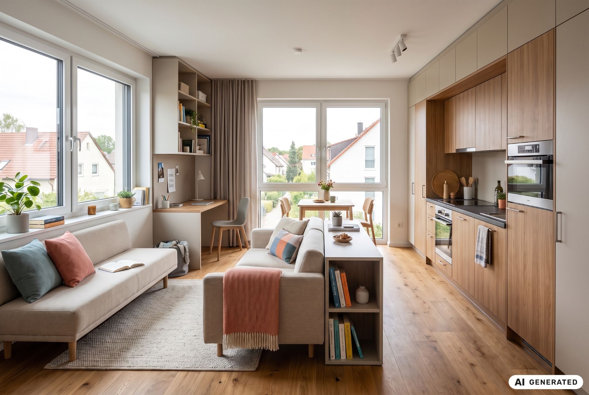 Modernes, helles Wohnzimmer mit Küche, Sofas, Schreibtisch und großem Fenster mit Blick nach draußen.