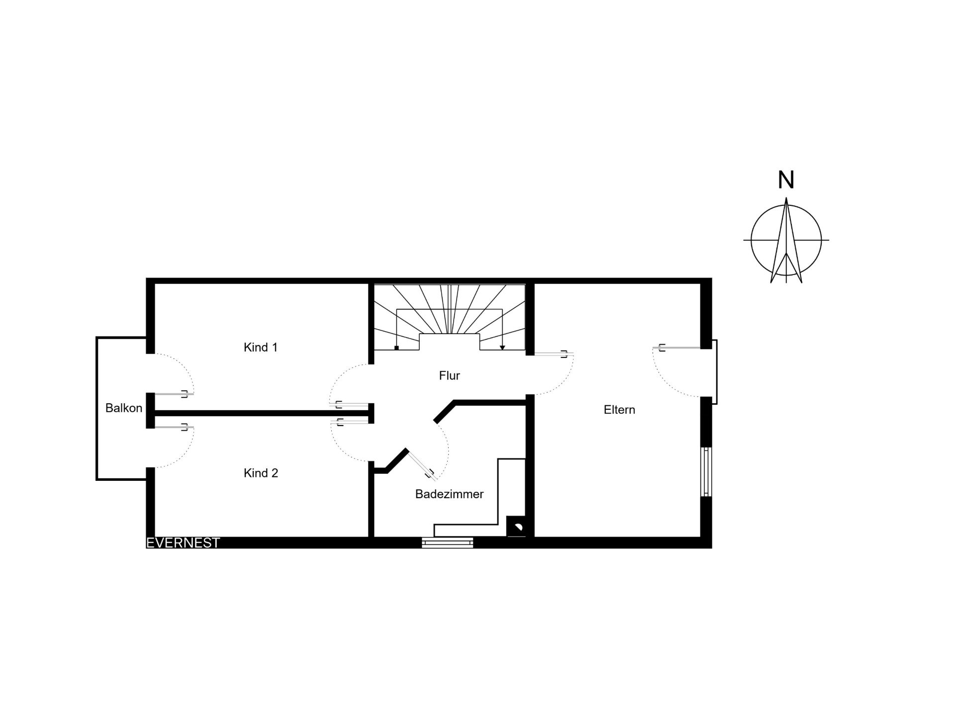Grundriss mit Flur, Elternschlafzimmer, zwei Kinderzimmern, Badezimmer und Balkon.