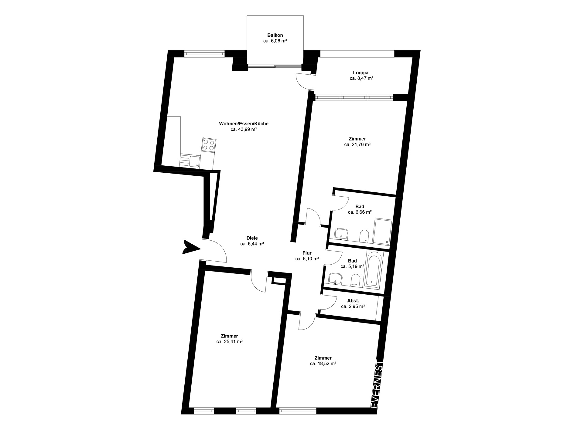 Grundriss einer Wohnung mit drei Zimmern, zwei Bädern, Küche, Balkon, Loggia und Abstellraum.