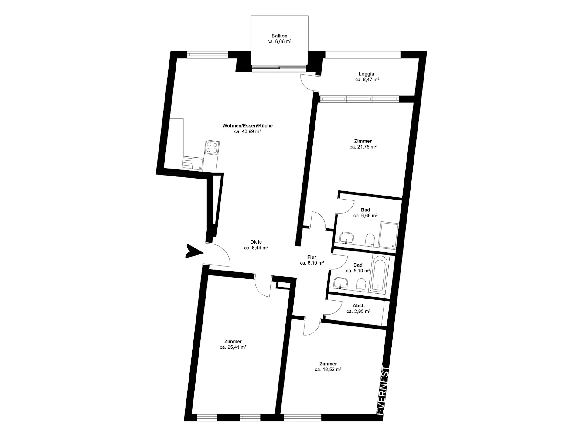 Grundriss einer Wohnung mit drei Zimmern, zwei Bädern, Küche, Balkon, Loggia und Abstellraum.
