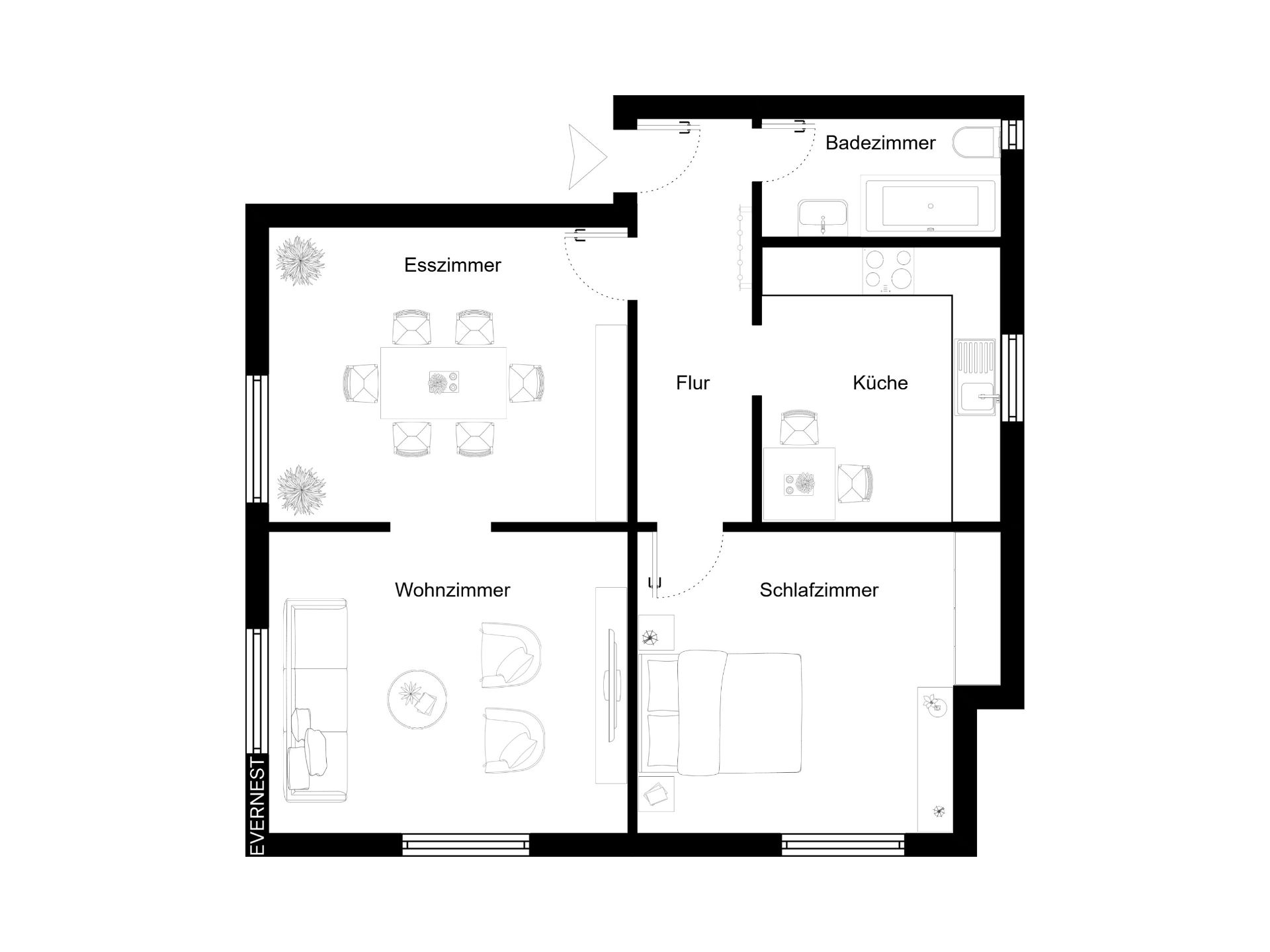 Grundriss einer Wohnung mit Wohnzimmer, Esszimmer, Schlafzimmer, Küche, Bad und Flur.
