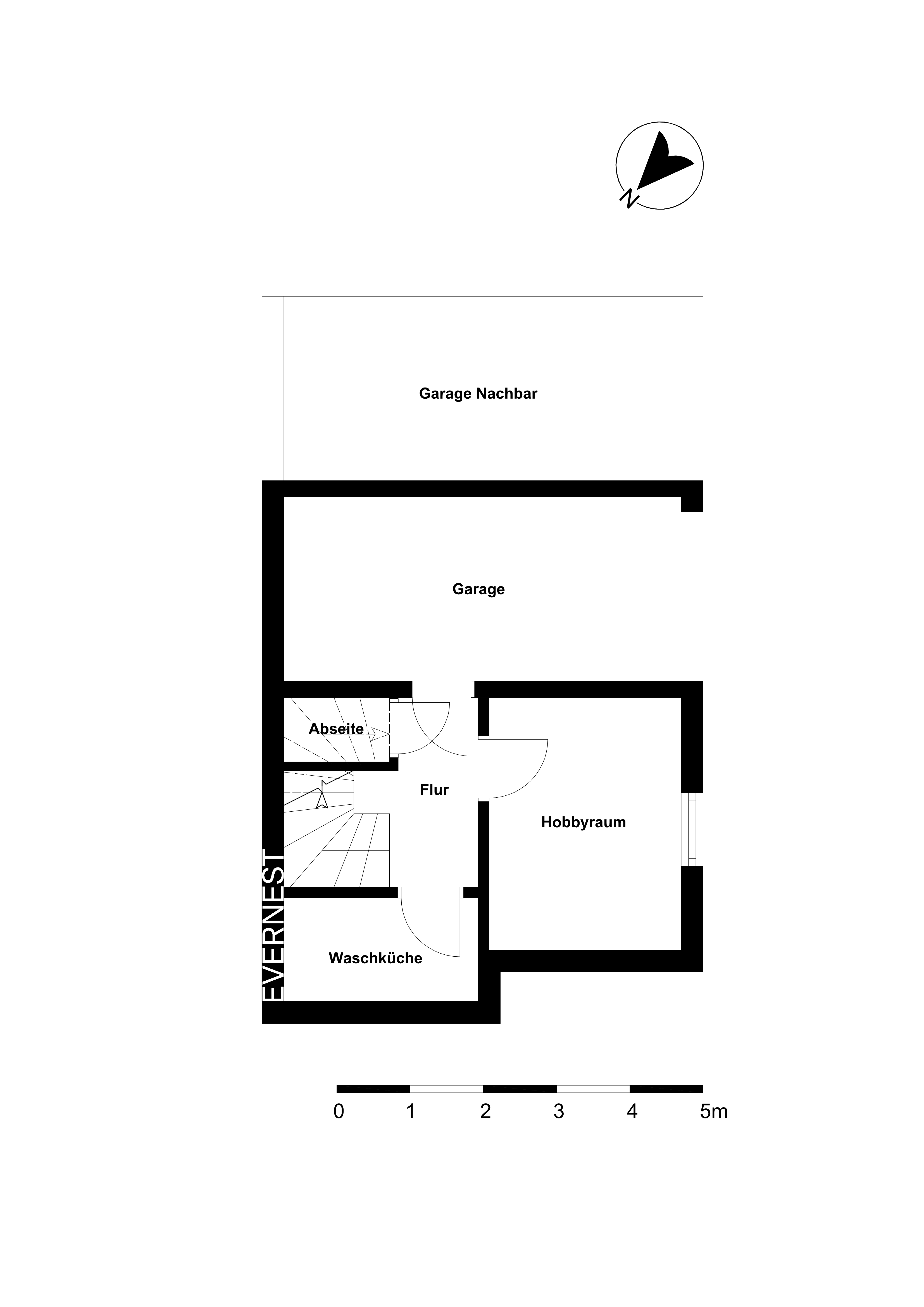 Grundriss mit Garage, Waschküche, Flur, Abseite und Hobbyraum.