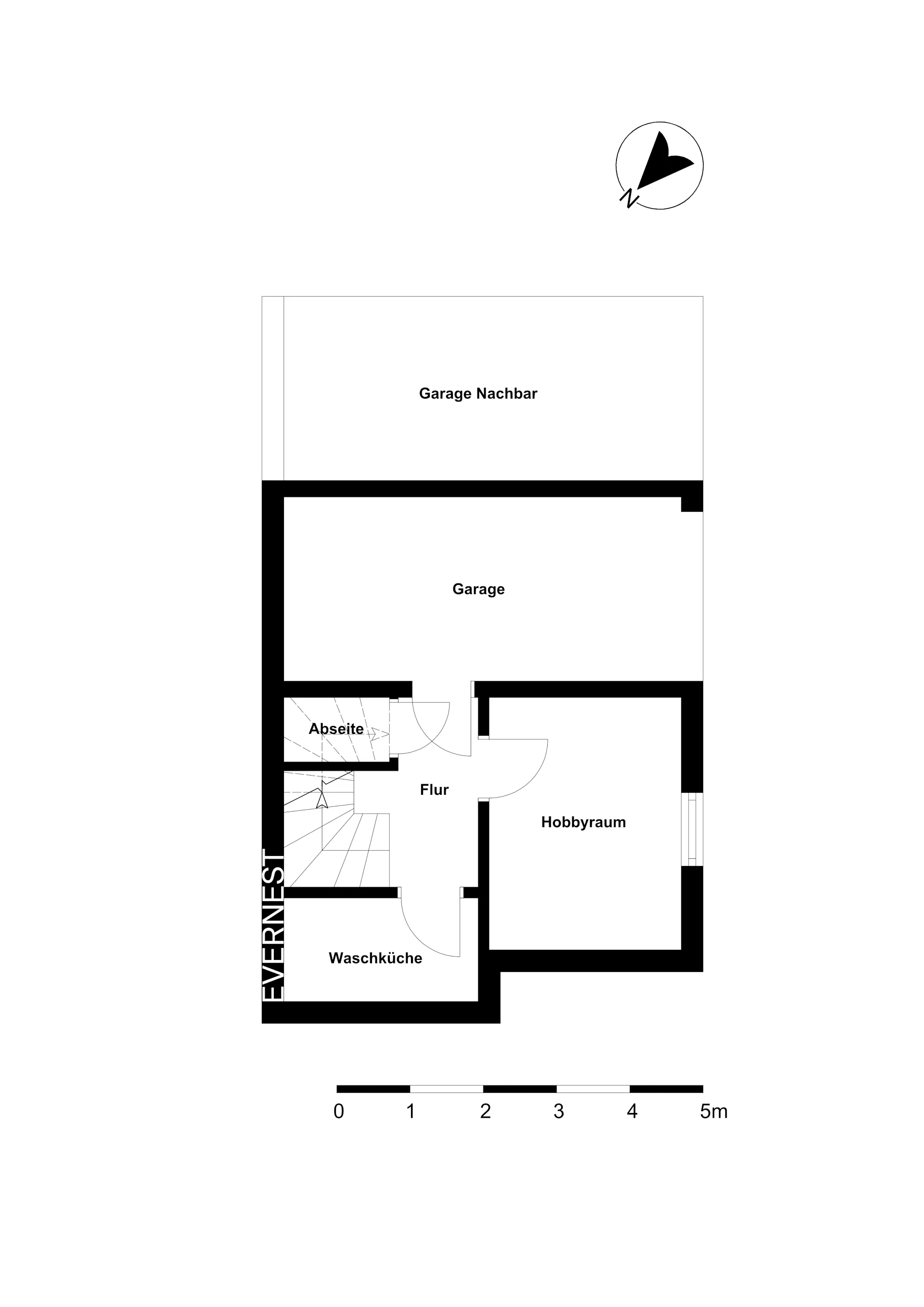 Grundriss mit Garage, Waschküche, Flur, Abseite und Hobbyraum.