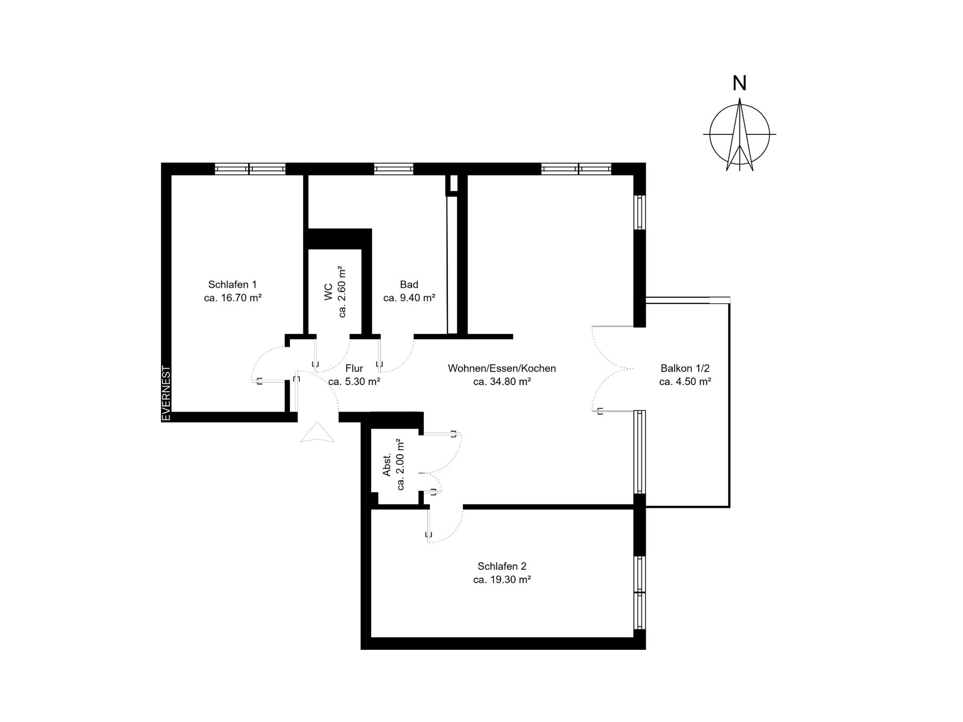 Grundriss einer Wohnung mit zwei Schlafzimmern, Bad, WC, Wohnbereich, Balkon und Flur.