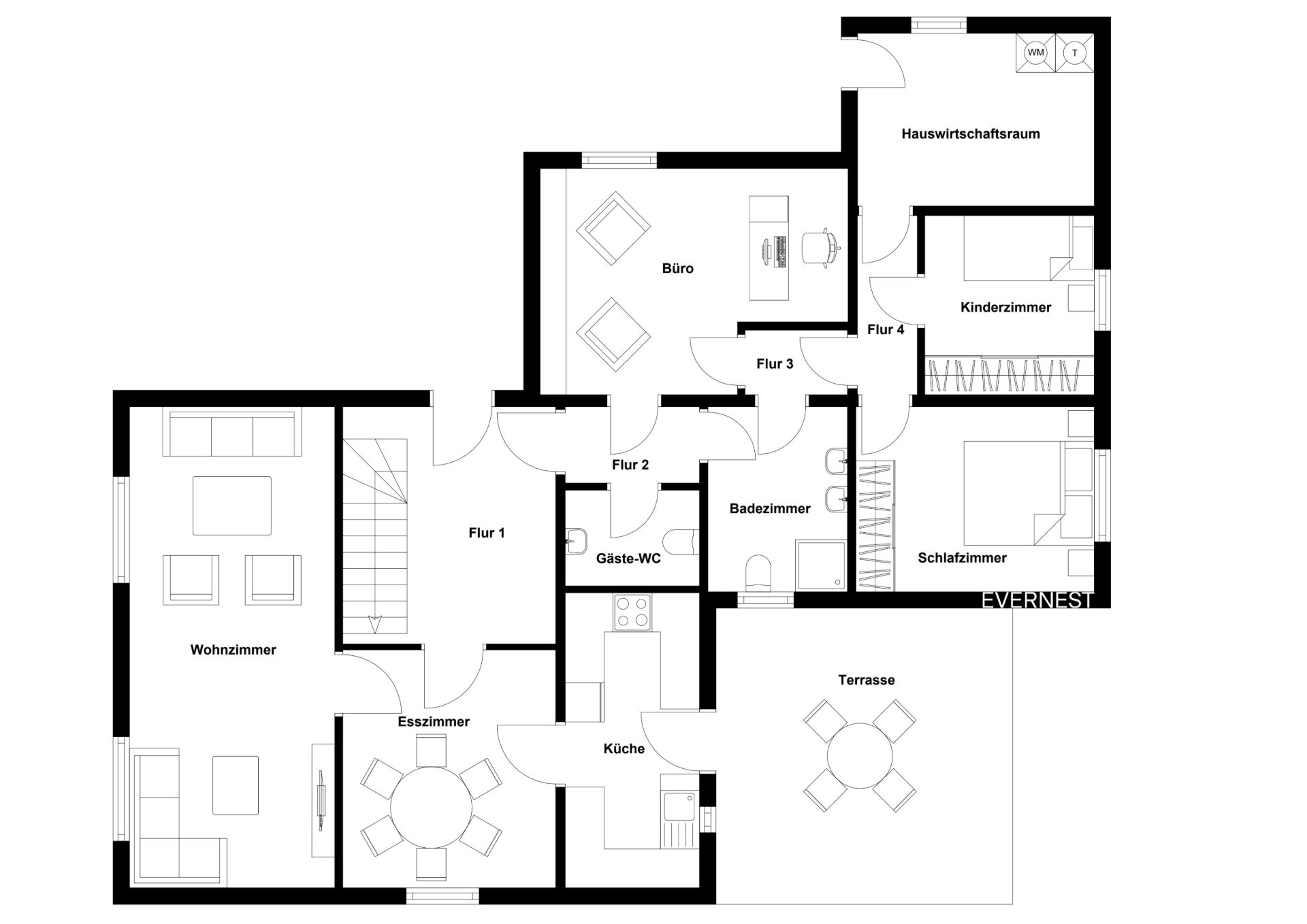 Grundriss mit Wohnzimmer, Esszimmer, Küche, Bad, Büro, Schlafzimmer, Kinderzimmer und Terrasse.