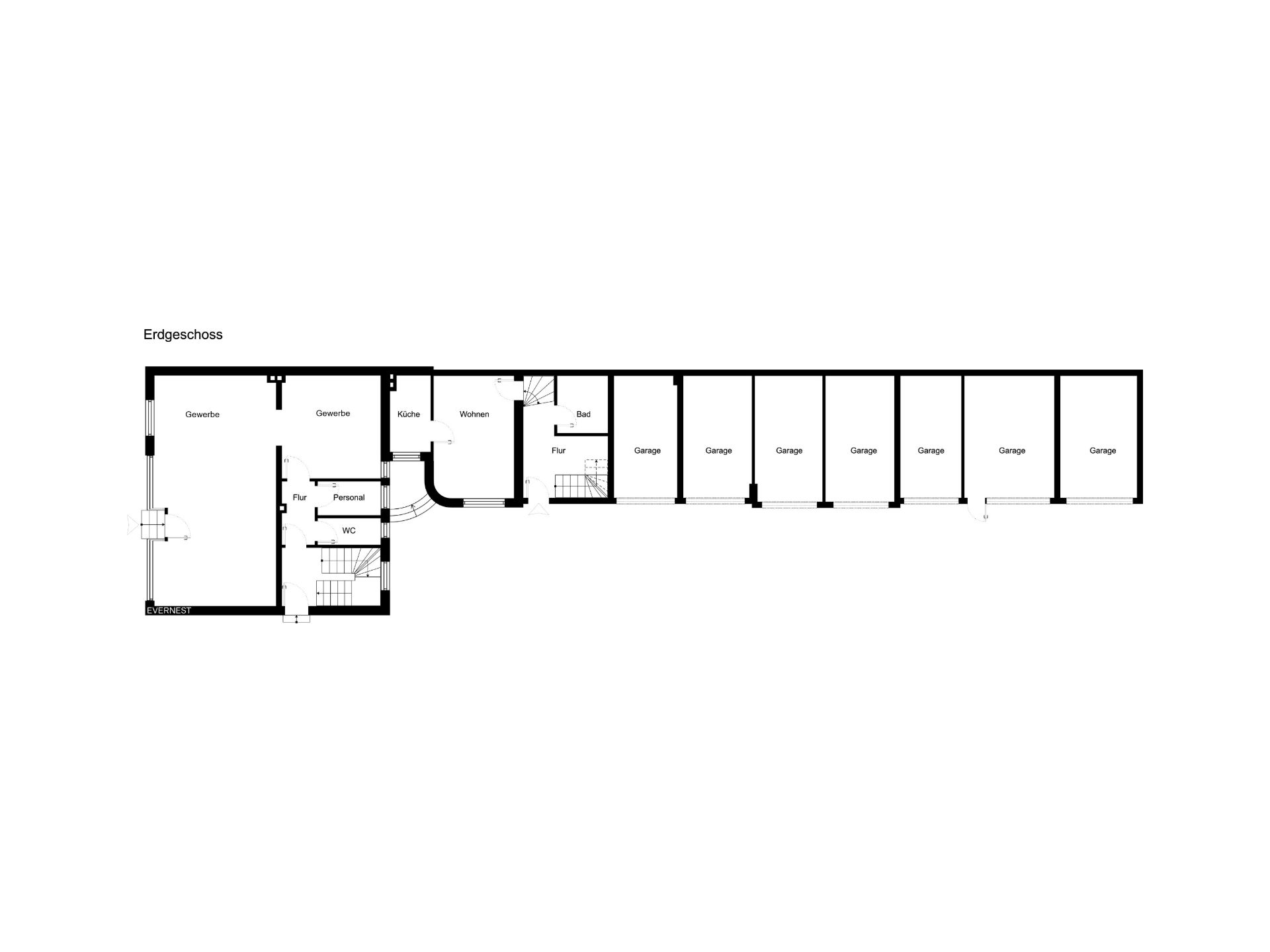 Grundriss des Erdgeschosses mit Garagen, Wohnräumen und Gewerbeflächen.