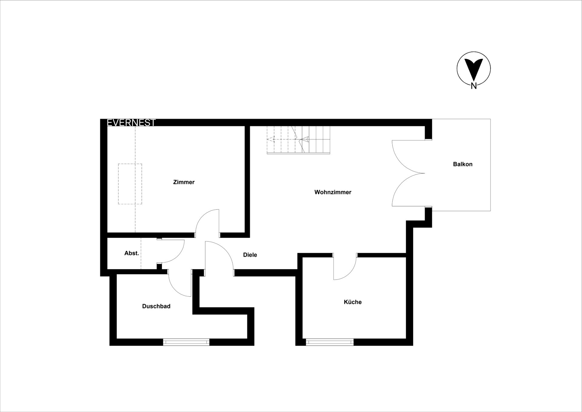 Grundriss mit Zimmer, Wohnzimmer, Küche, Duschbad, Abstellraum, Diele und Balkon.