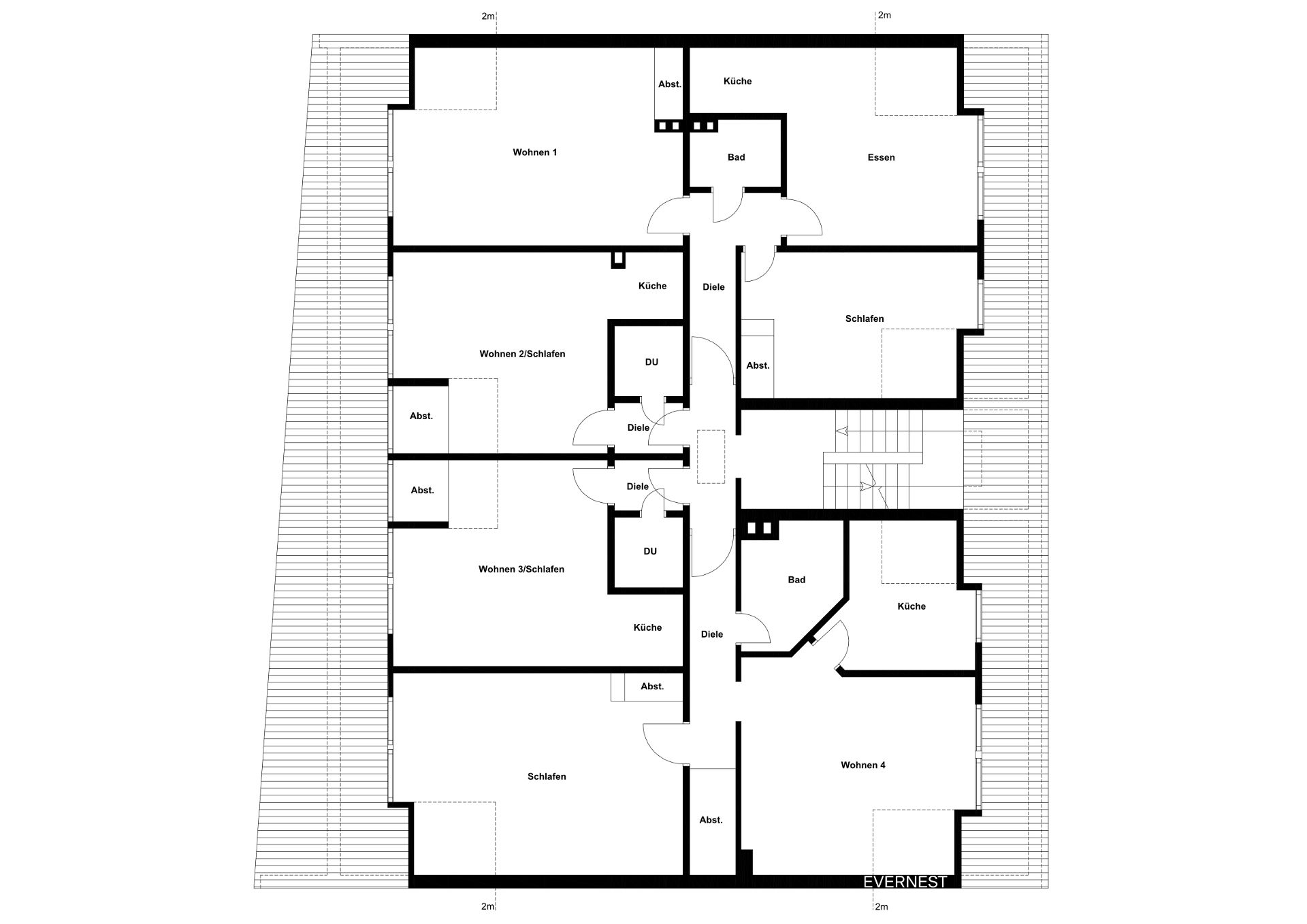 Grundriss einer Etage mit mehreren Wohnungen, Küchen, Bädern und Abstellräumen.