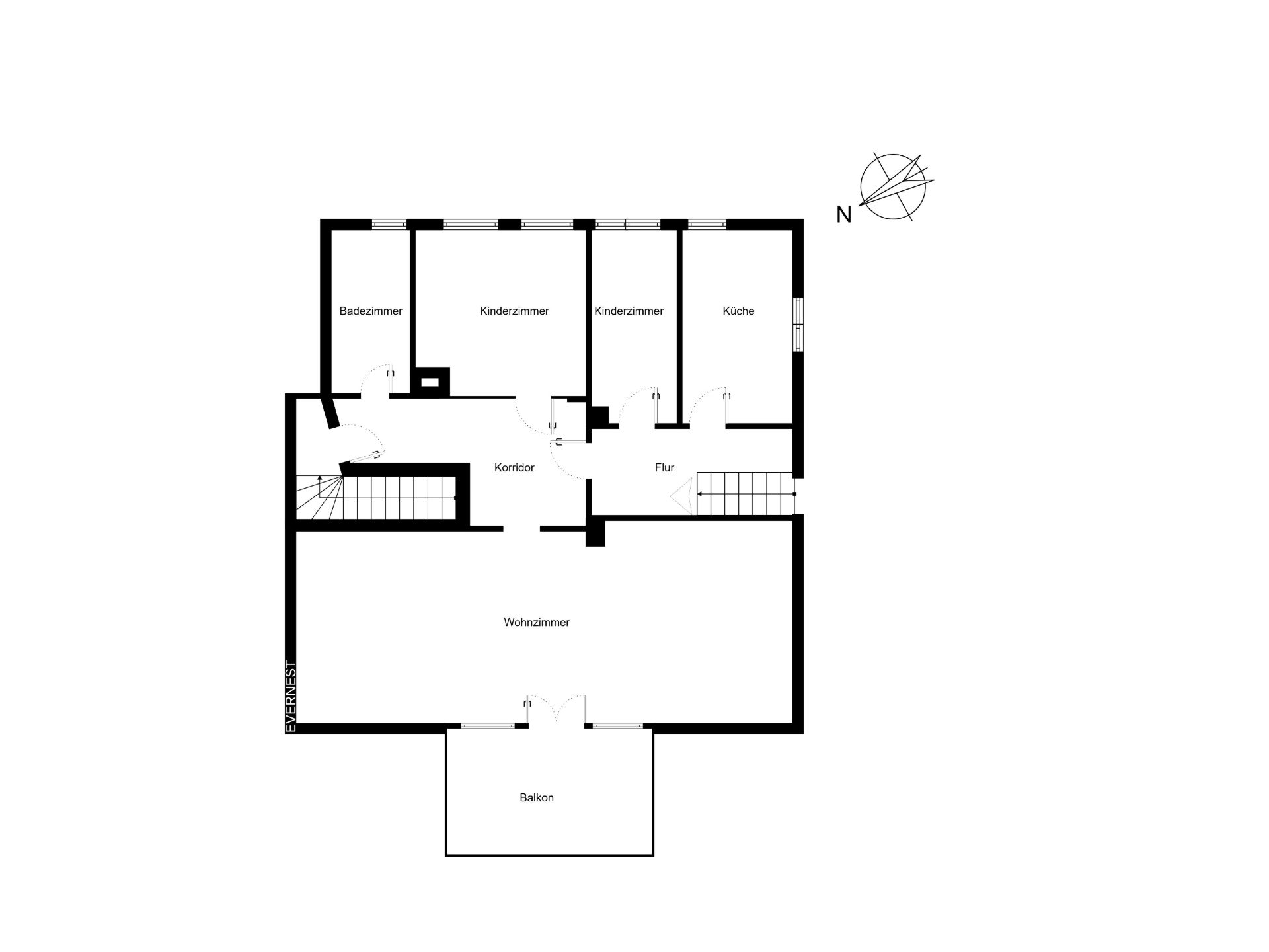 Grundriss mit Wohnzimmer, Balkon, zwei Kinderzimmern, Bad und Küche.