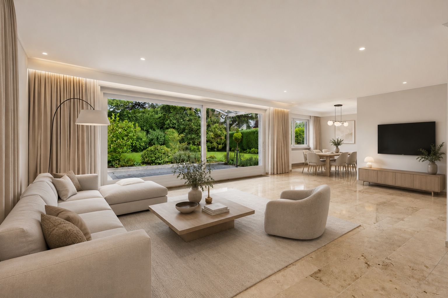 Helles Wohnzimmer mit Sofa, Sessel, Couchtisch und großem Fenster mit Blick auf einen Garten.
