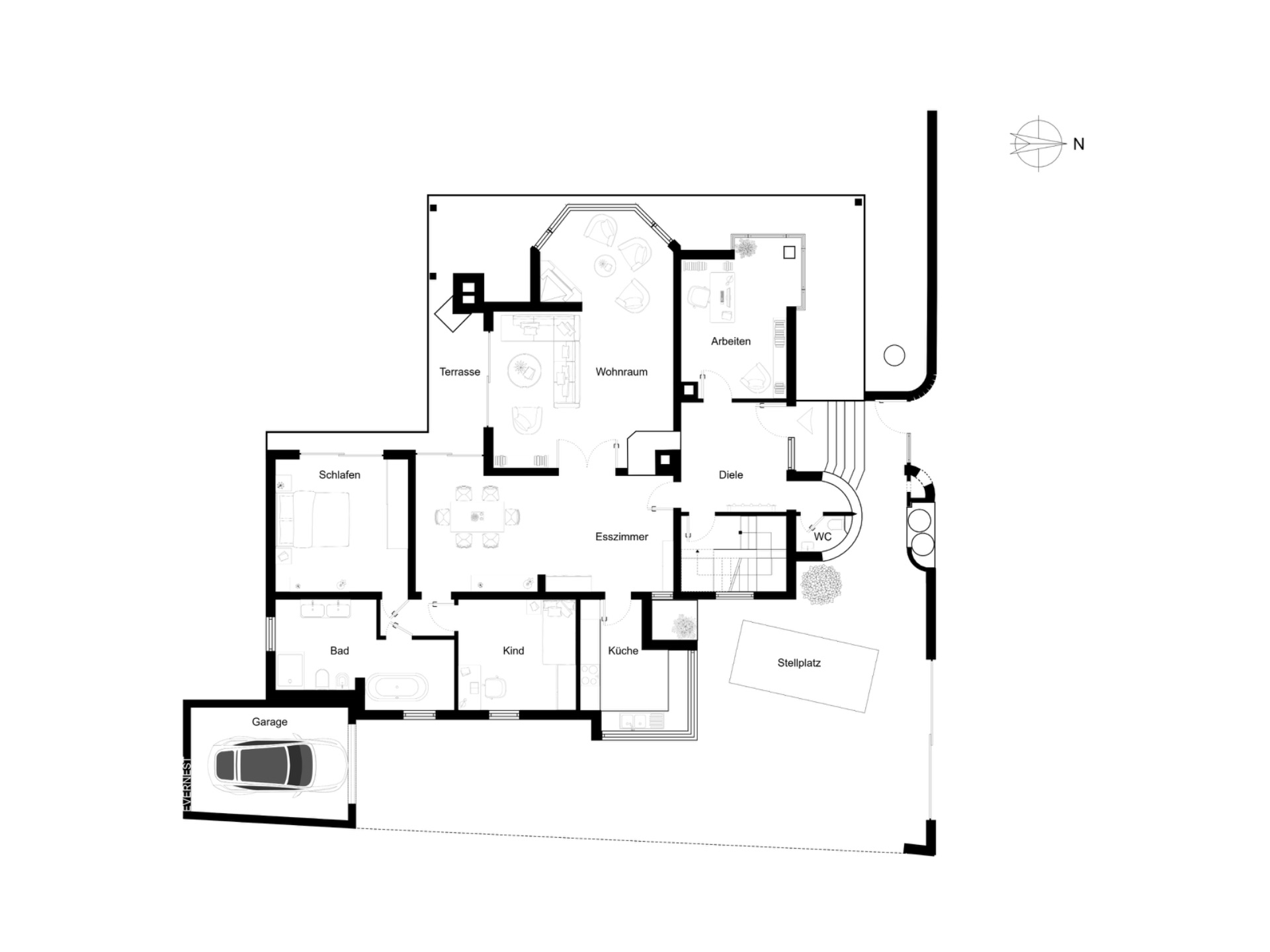 Grundriss eines Wohnhauses mit Garage, Wohnzimmer, Schlafzimmer, Küche, Bad und Terrasse.