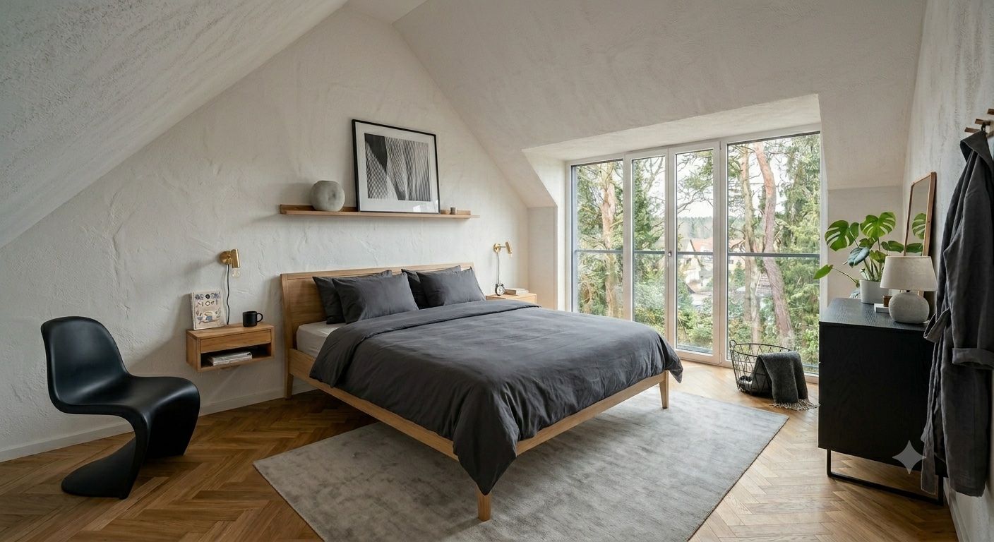 Modernes Schlafzimmer mit großem Fenster, Doppelbett und minimalistischer Einrichtung.