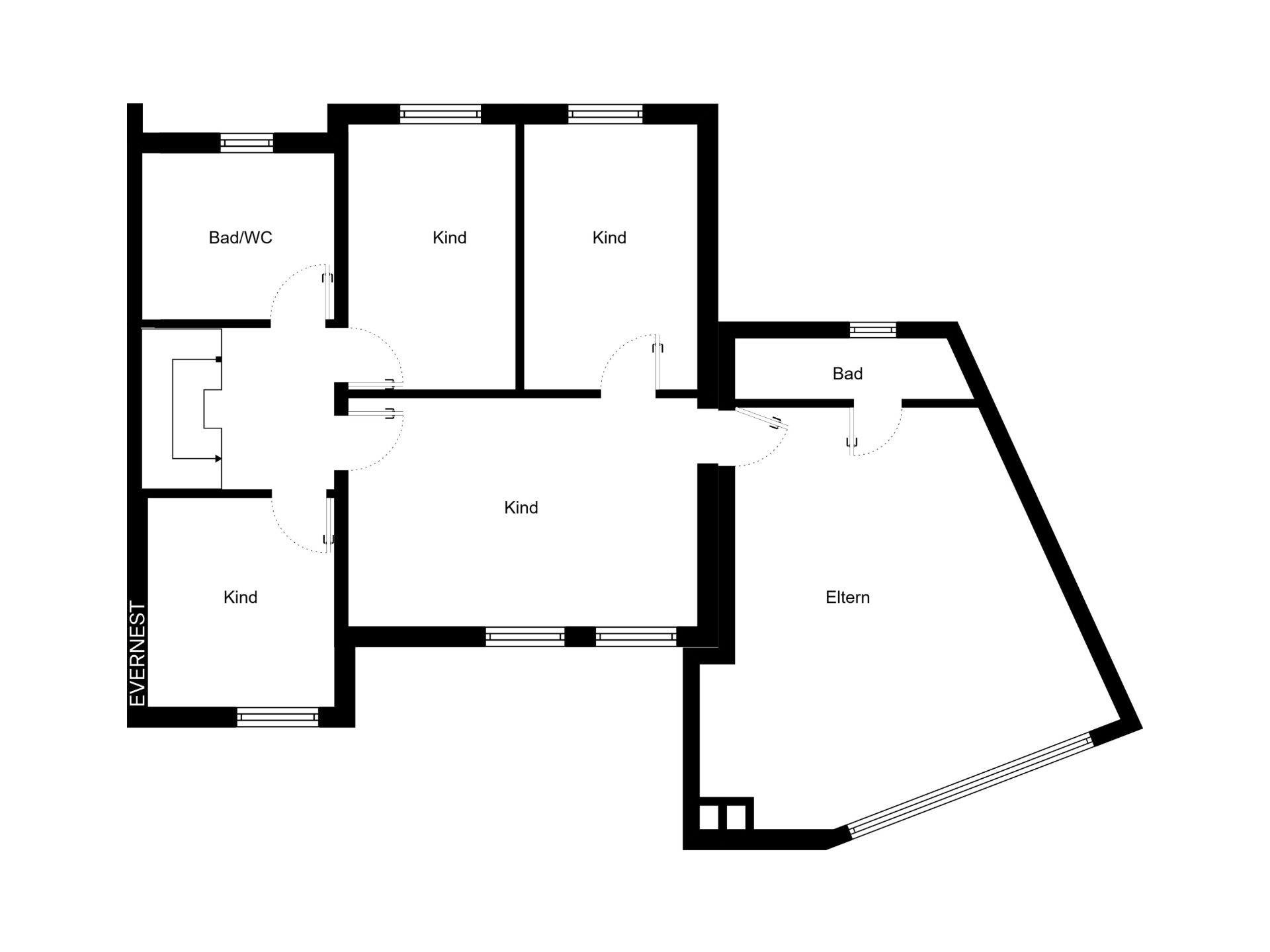 Grundriss einer Wohnung mit mehreren Kinderzimmern, zwei Bädern und einem Elternschlafzimmer.