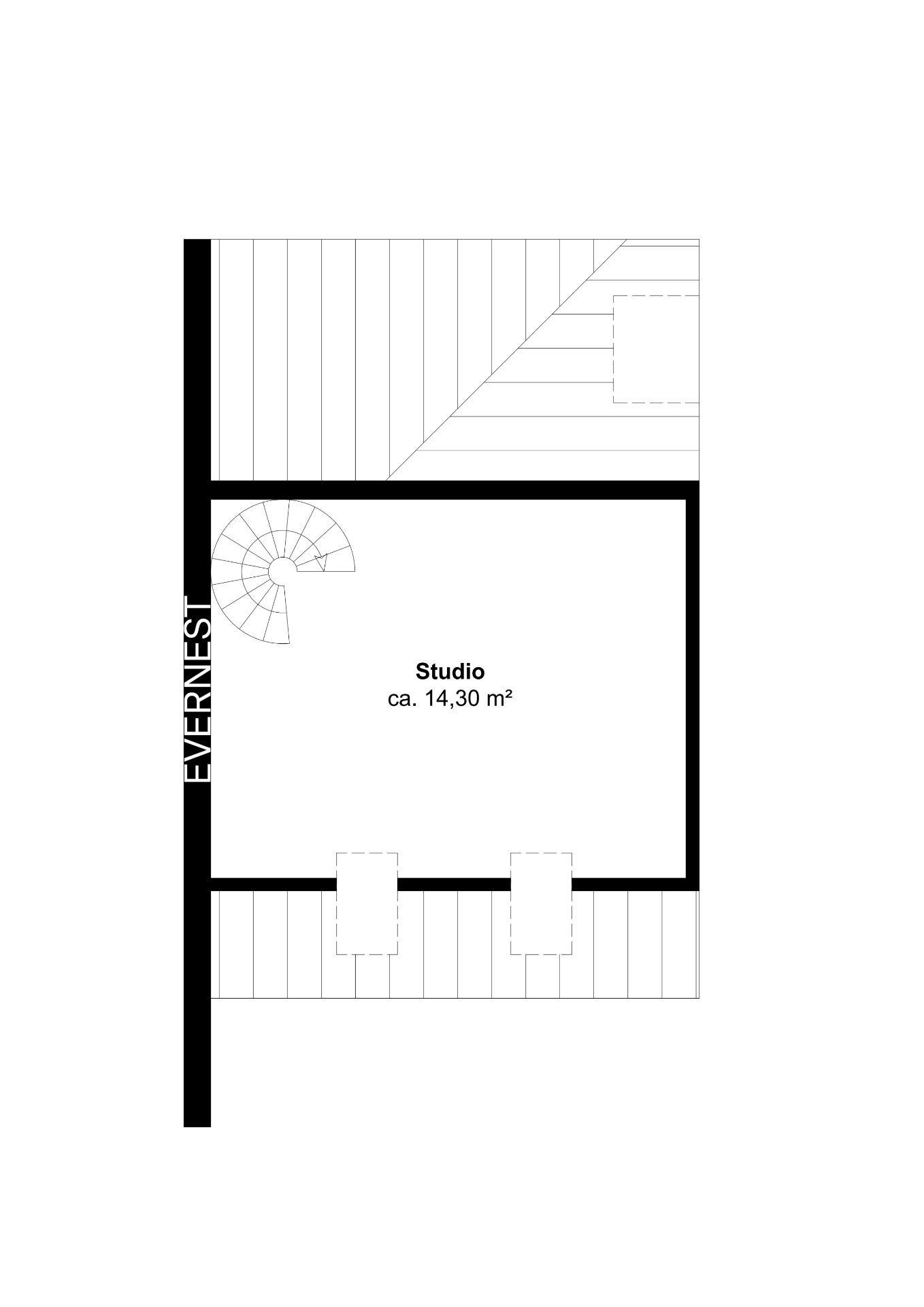 Grundriss eines Studios mit 14,3 m² und Wendeltreppe links oben.