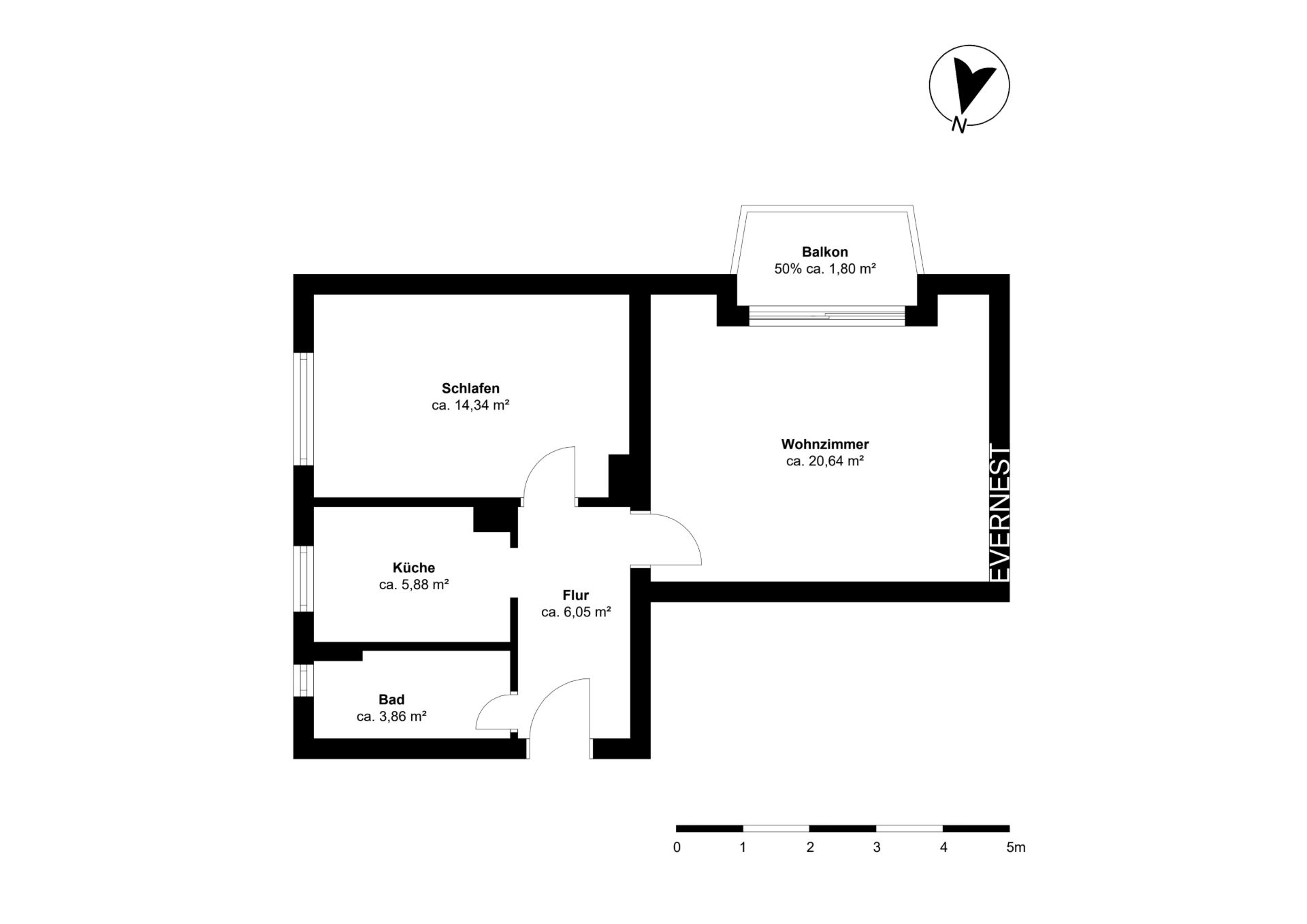 Grundriss einer Wohnung mit Schlafzimmer, Wohnzimmer, Küche, Bad, Flur und Balkon.