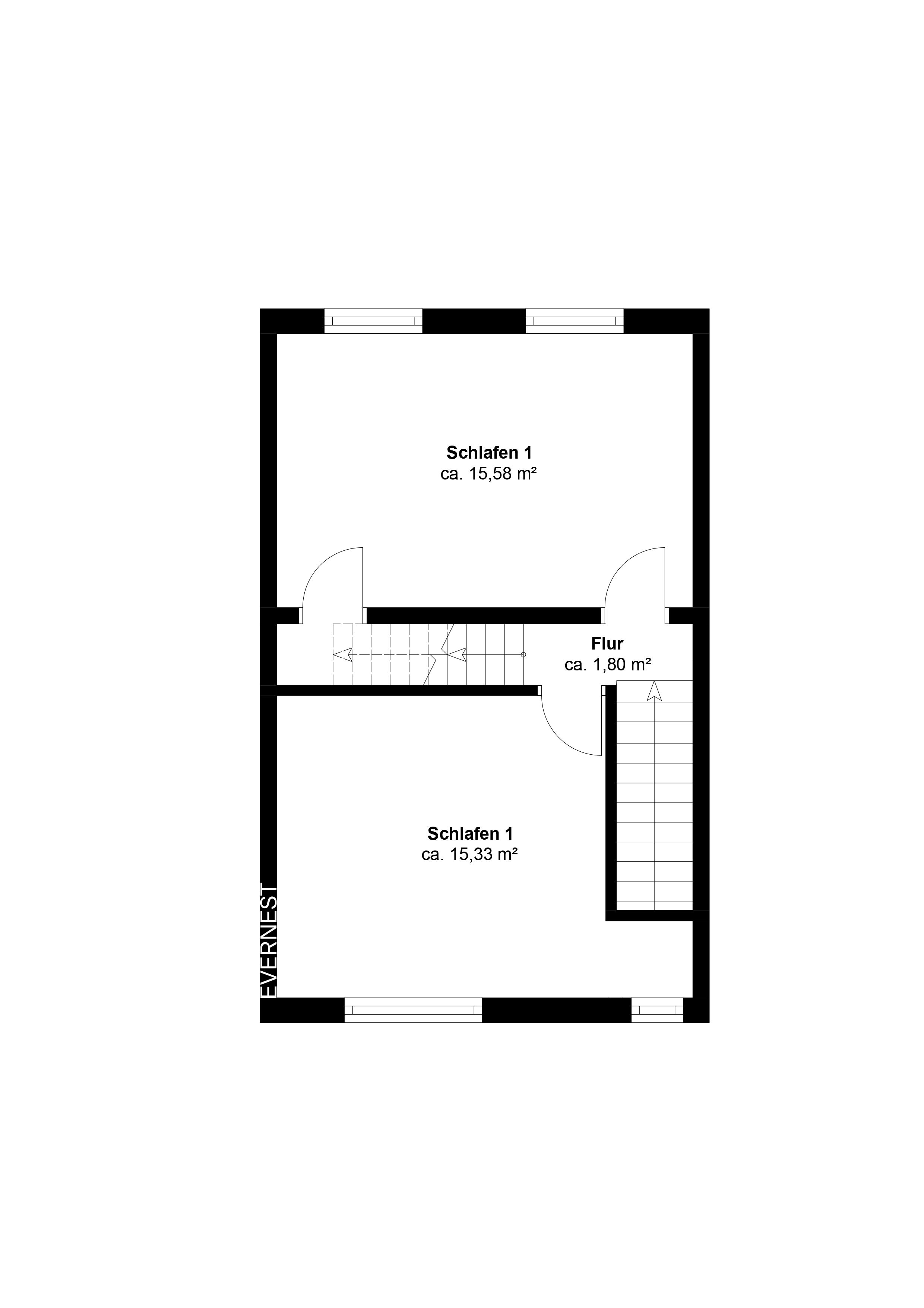 Grundriss mit zwei Schlafzimmern und Flur, Flächenangaben in Quadratmetern.