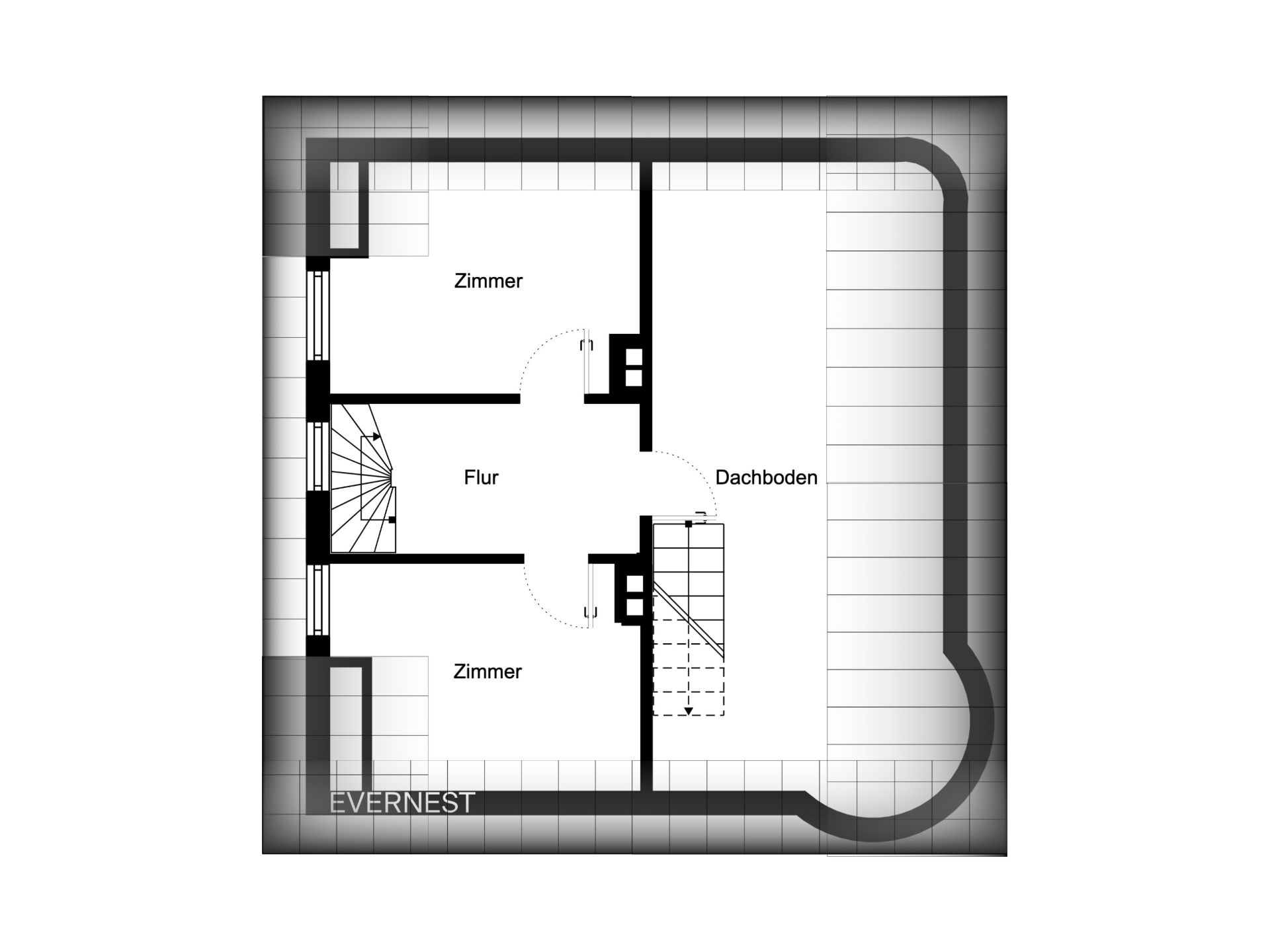 Grundriss mit zwei Zimmern, Flur, Dachboden und Treppe.