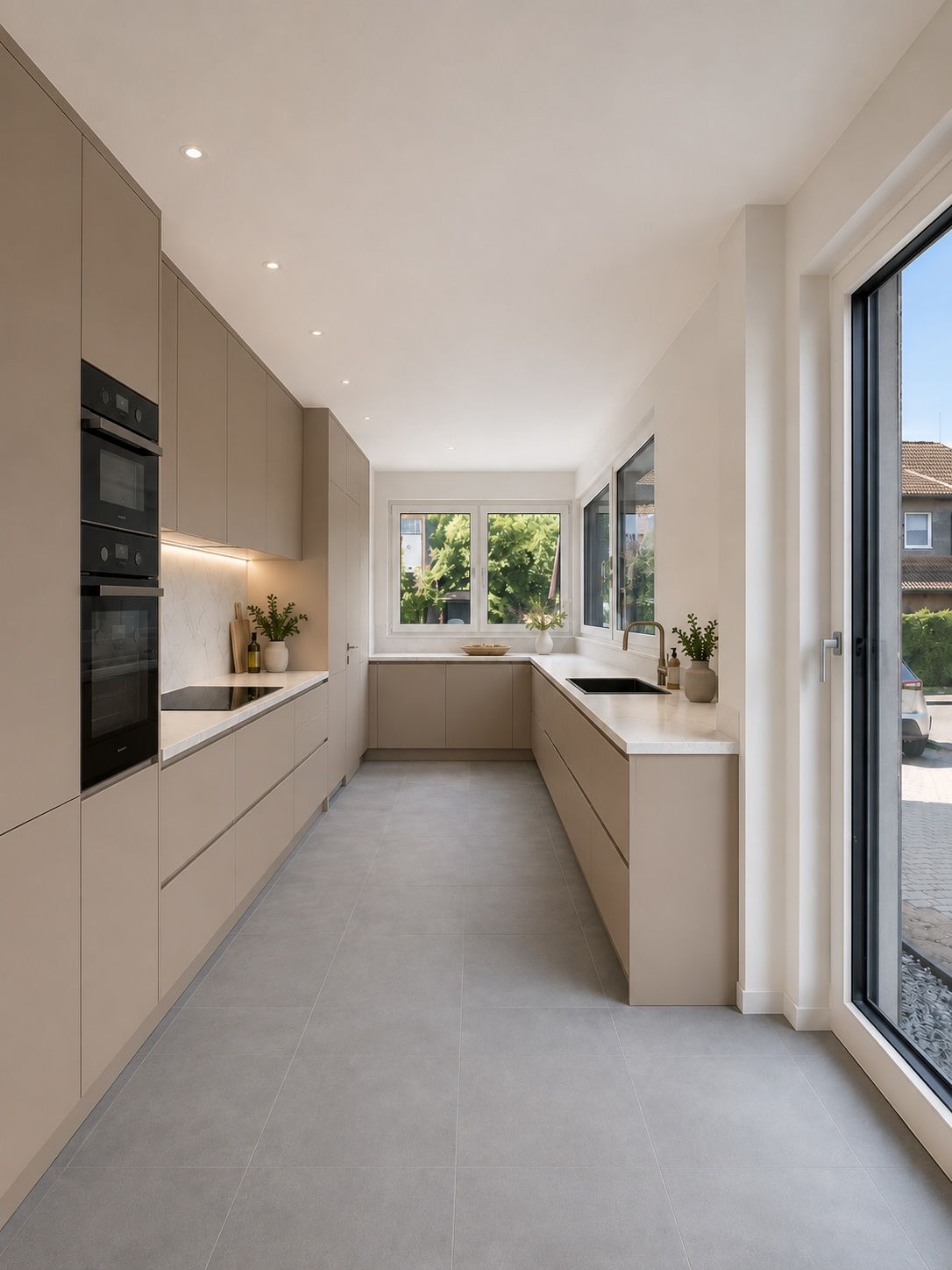 Moderne, helle Einbauküche mit großen Fenstern, beige Schränken und grauem Boden.