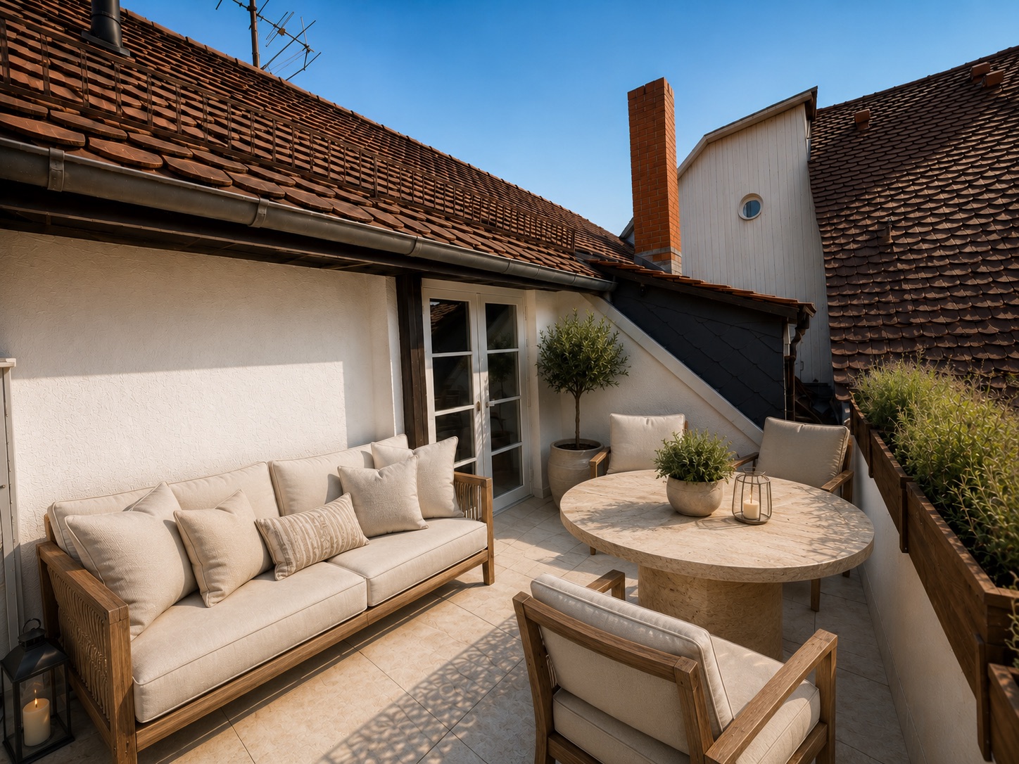 Gemütliche Dachterrasse mit Sofa, Sessel, Rundtisch, Pflanzen und Blick auf Ziegeldächer.