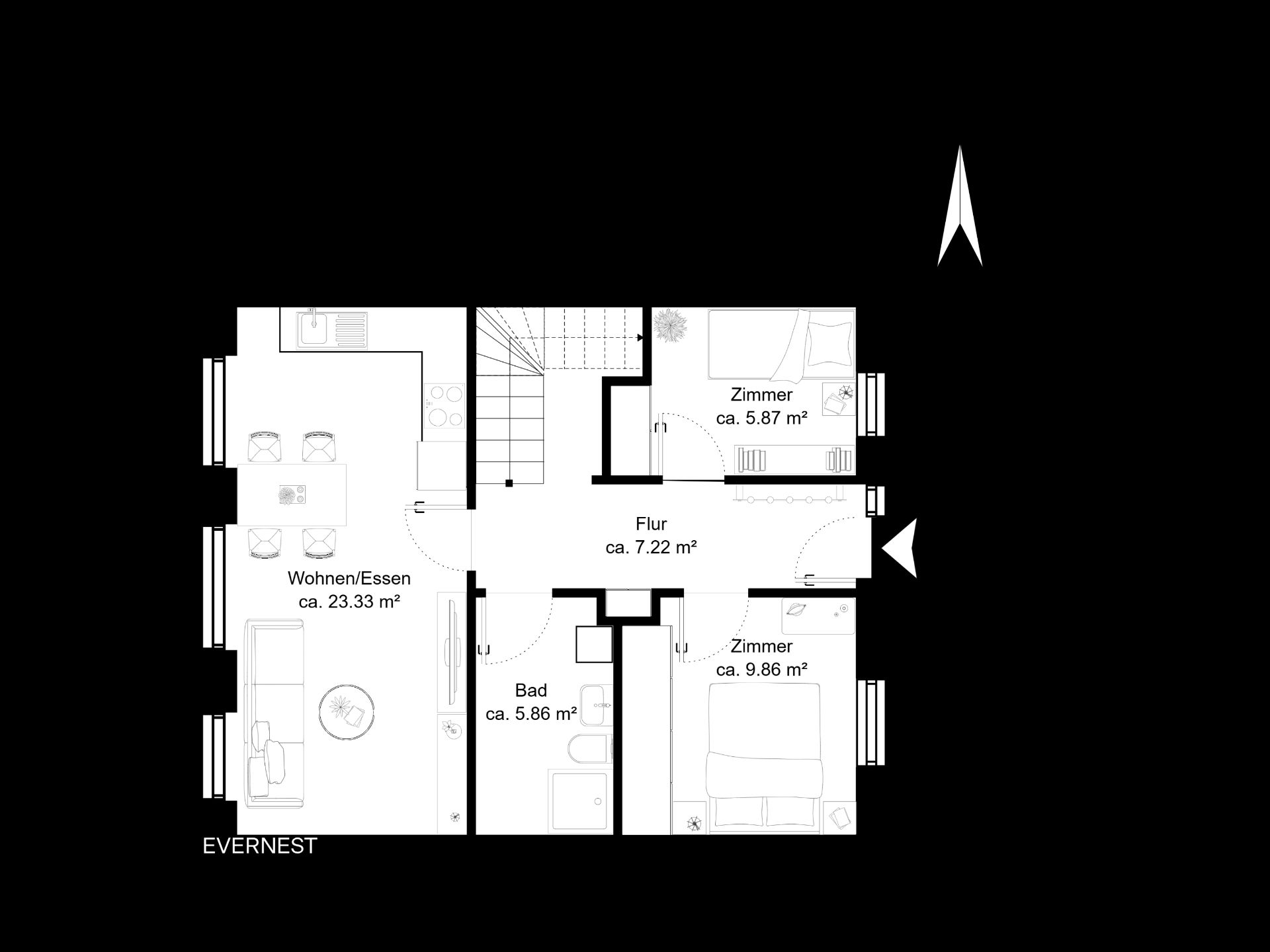 Grundriss einer Wohnung mit Wohnzimmer, Bad, Flur und zwei Zimmern.