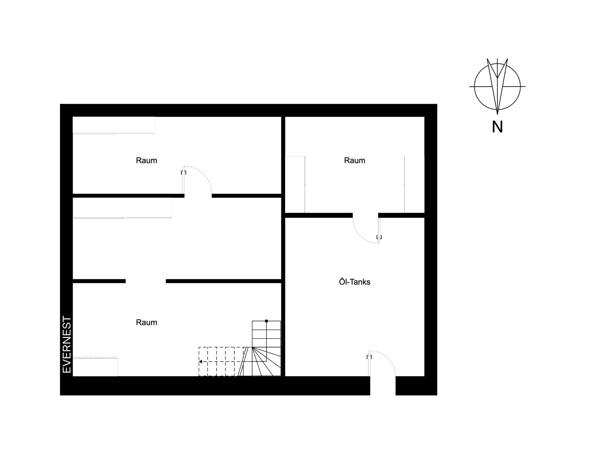 Grundriss mit drei Räumen, einem Raum für Öltanks und einer Treppe.